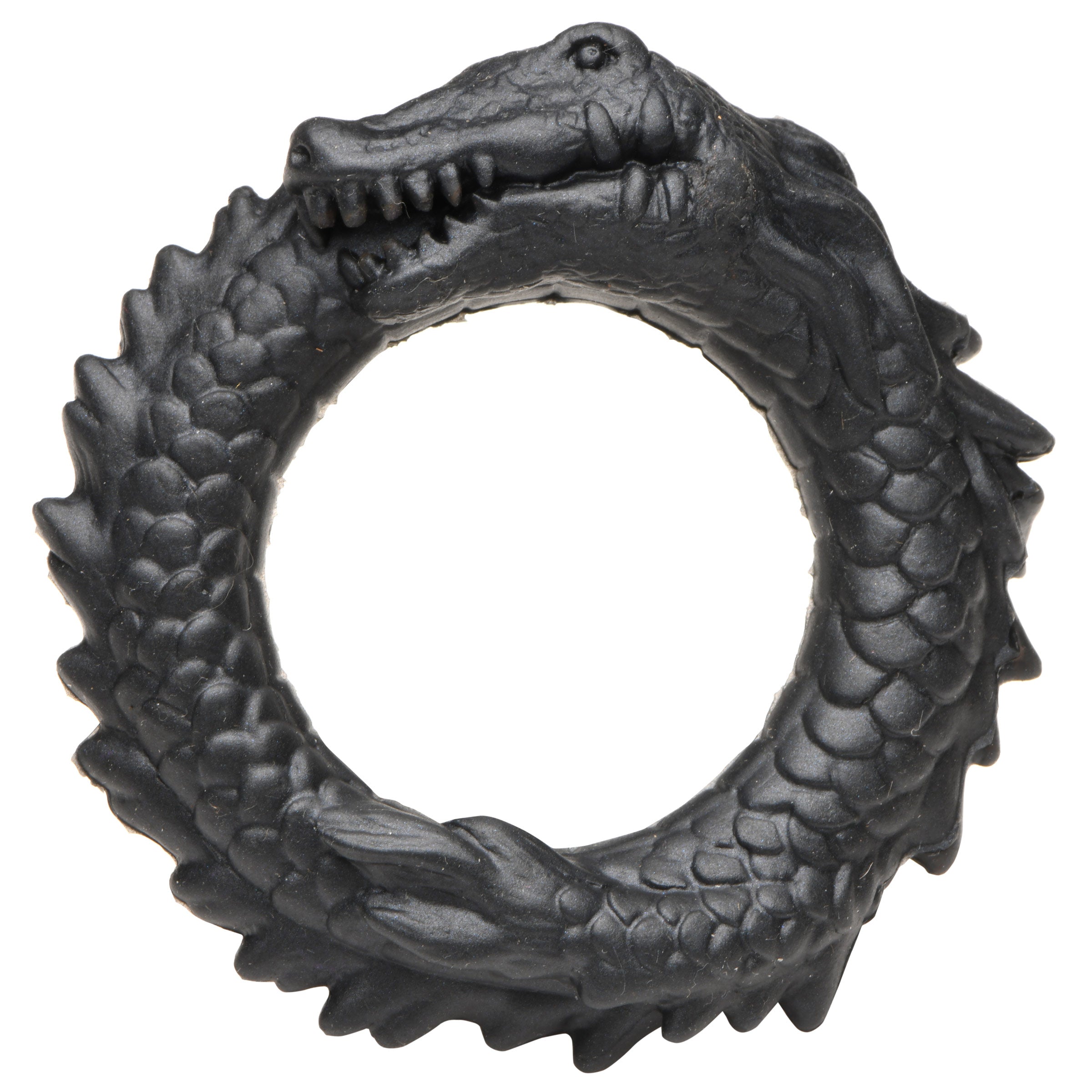 Black Caiman Silicone Cock Ring with ridges and a smiling caiman design, made from stretchy and body-safe silicone.