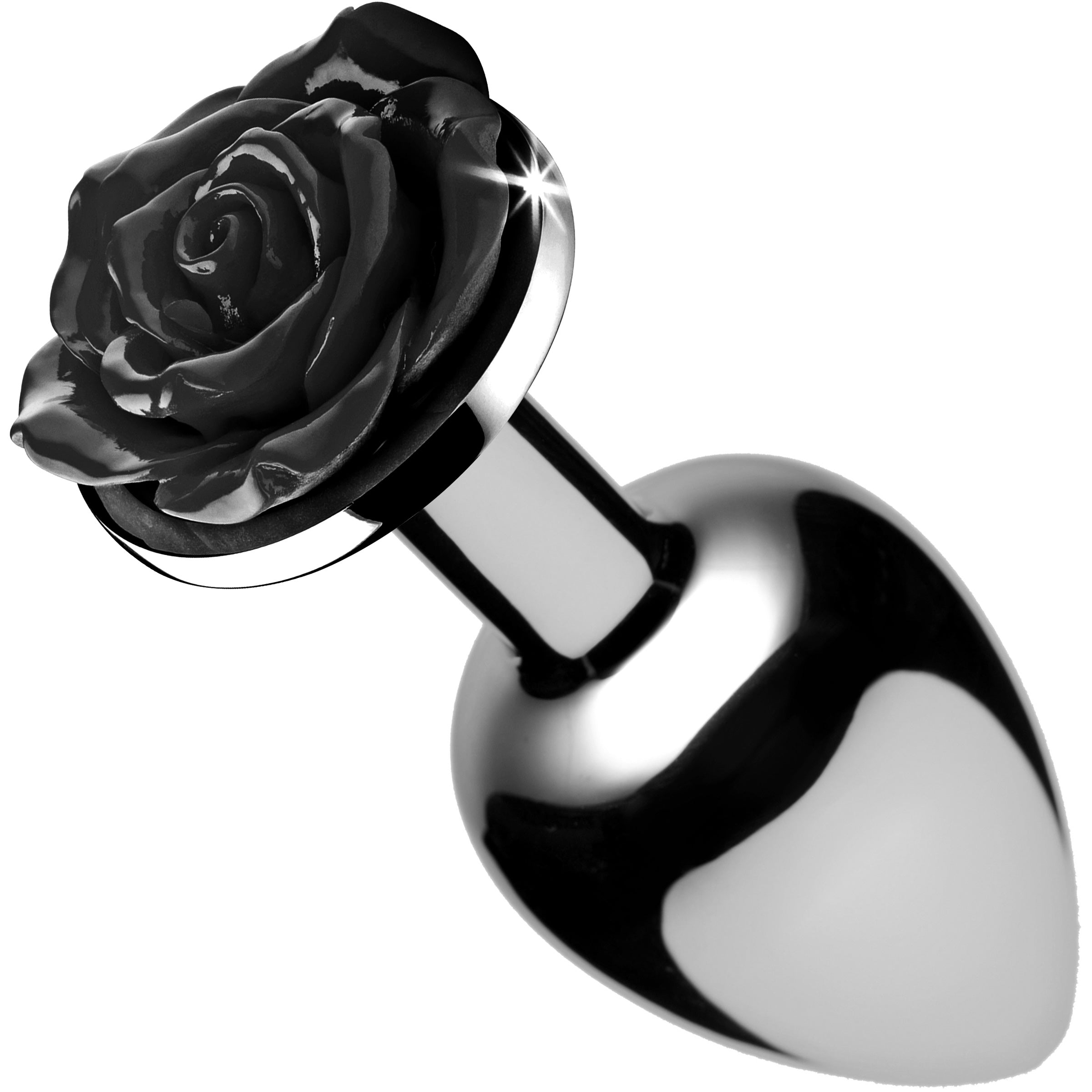 Black Rose Anal Plug - Large with a smooth metal finish and a deep black rose design, perfect for enhancing intimate experiences.