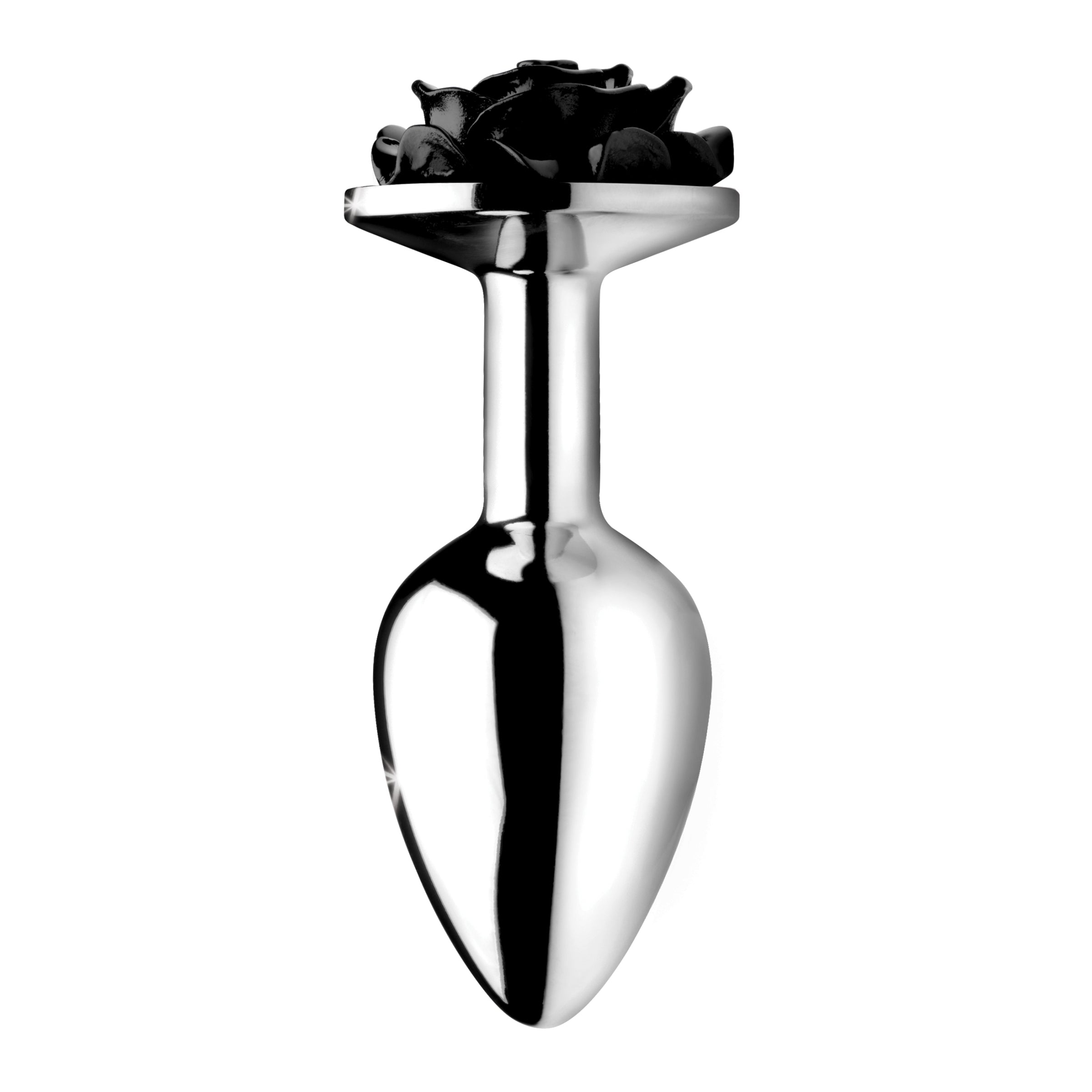 Black Rose Anal Plug - Large with a smooth metal finish and a deep black rose design, perfect for enhancing intimate experiences.