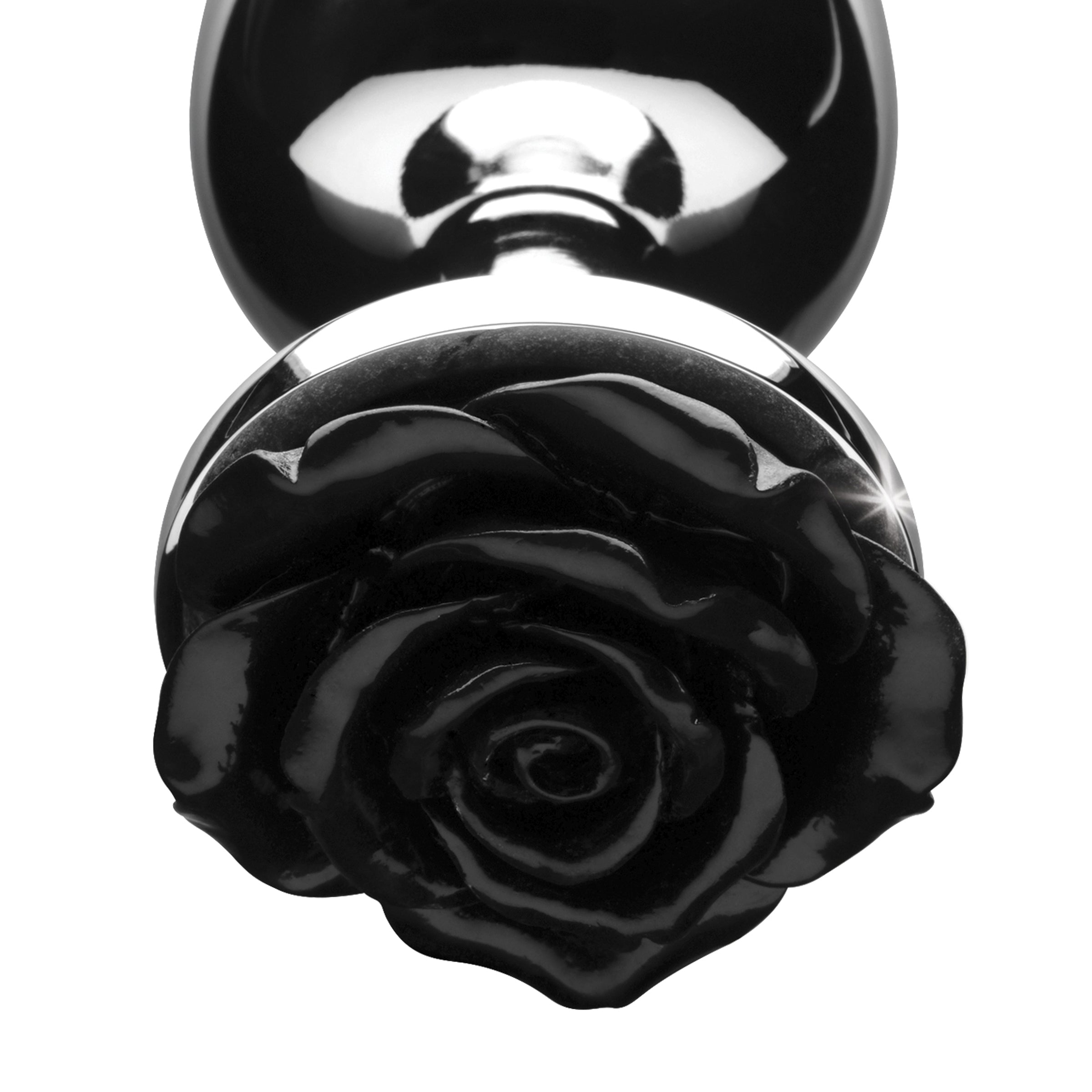 Black Rose Anal Plug - Large with a smooth metal finish and a deep black rose design, perfect for enhancing intimate experiences.