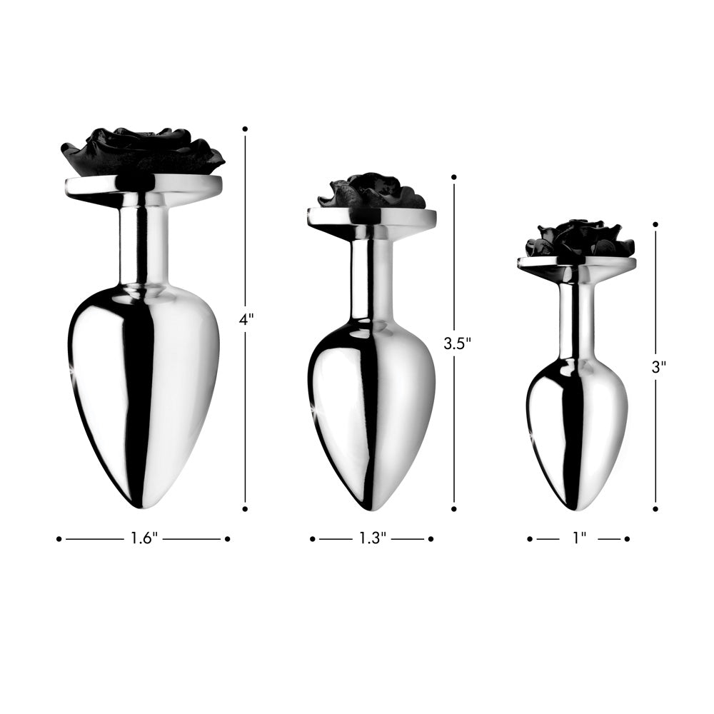 Black Rose Anal Plug - Large with a smooth metal finish and a deep black rose design, perfect for enhancing intimate experiences.