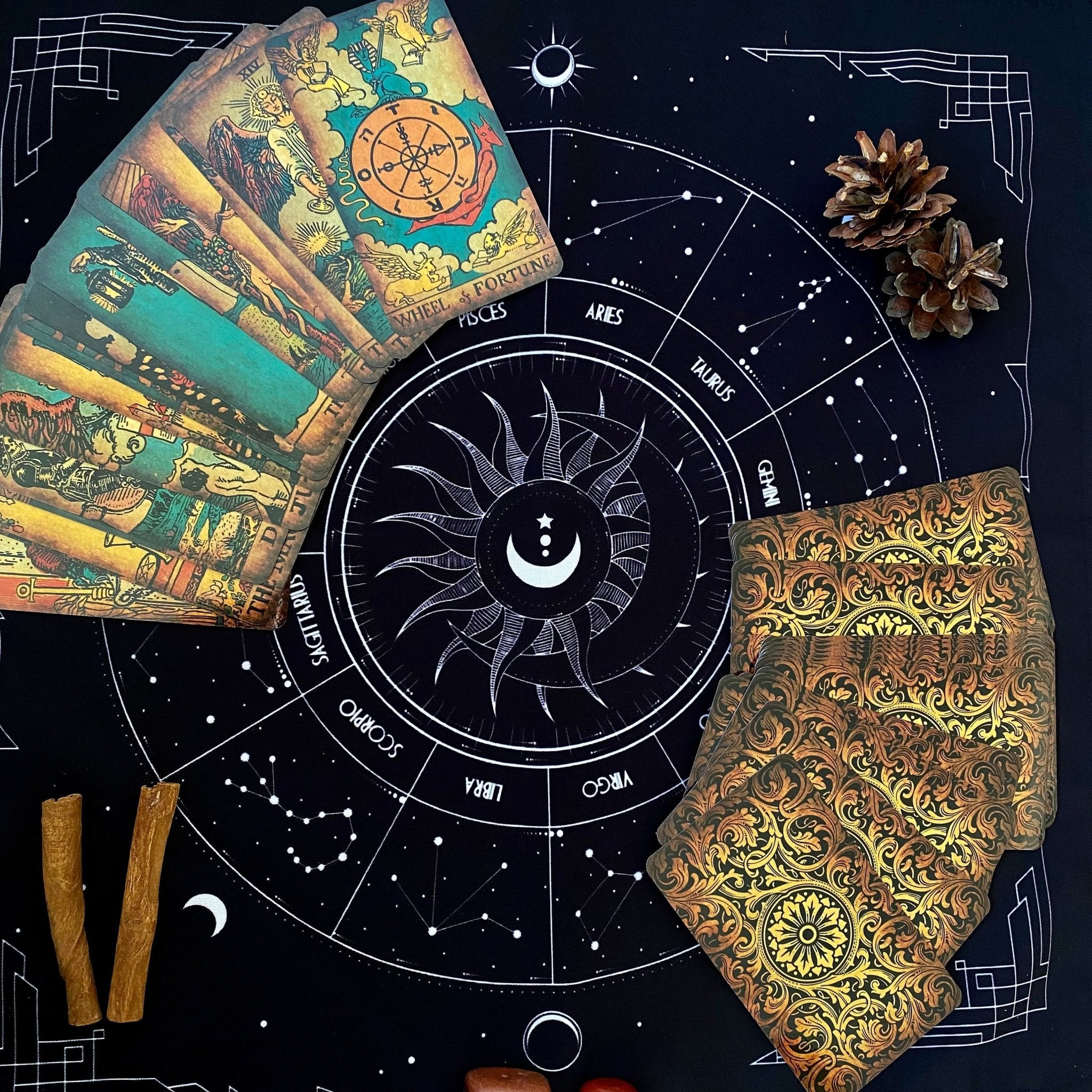 A luxurious black tarot cloth measuring 18x18 inches, designed for tarot card spreads, featuring a unique copyrighted design.