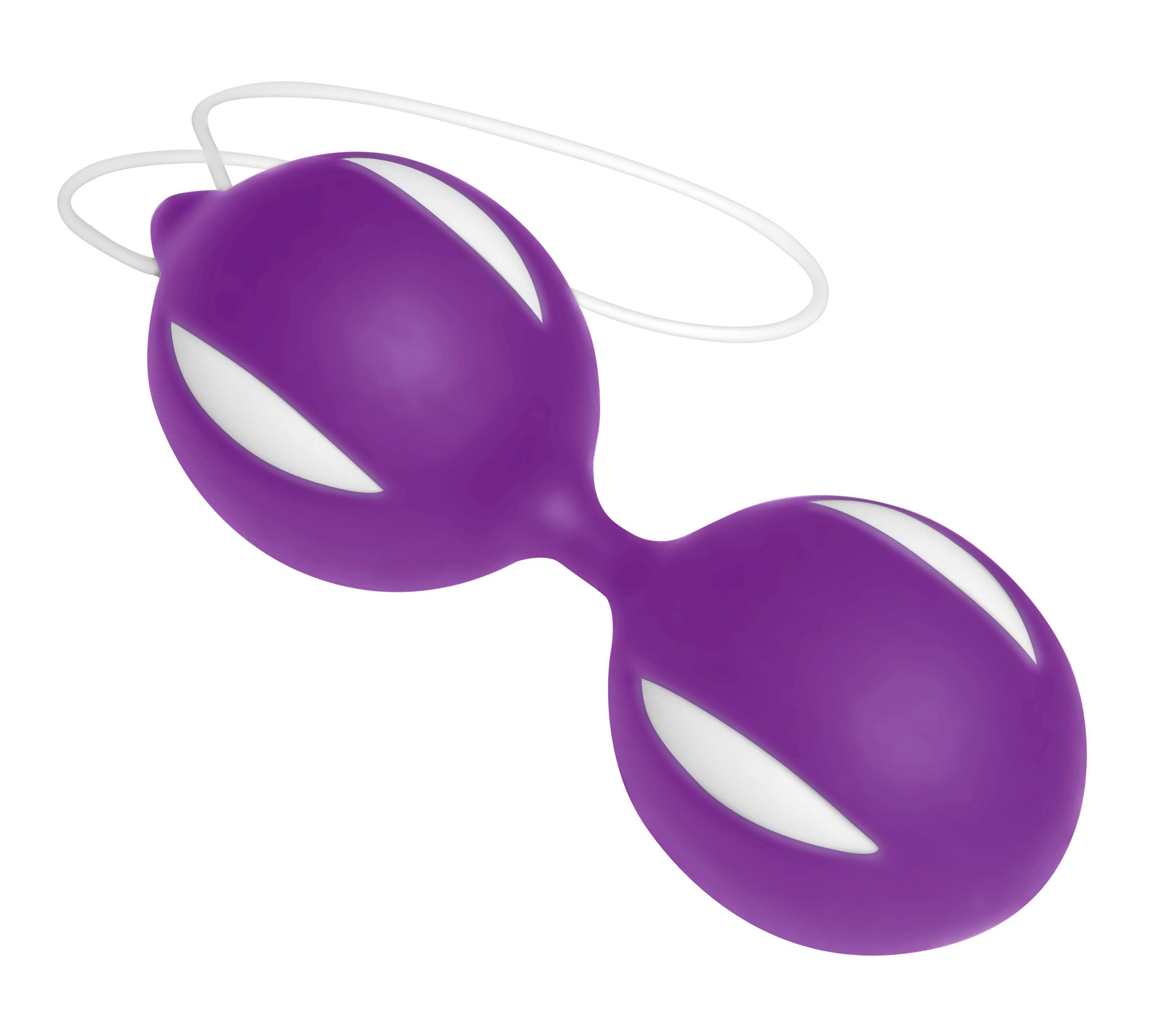 Purple silicone Kegel exercise balls with ridges and a durable string for easy removal.