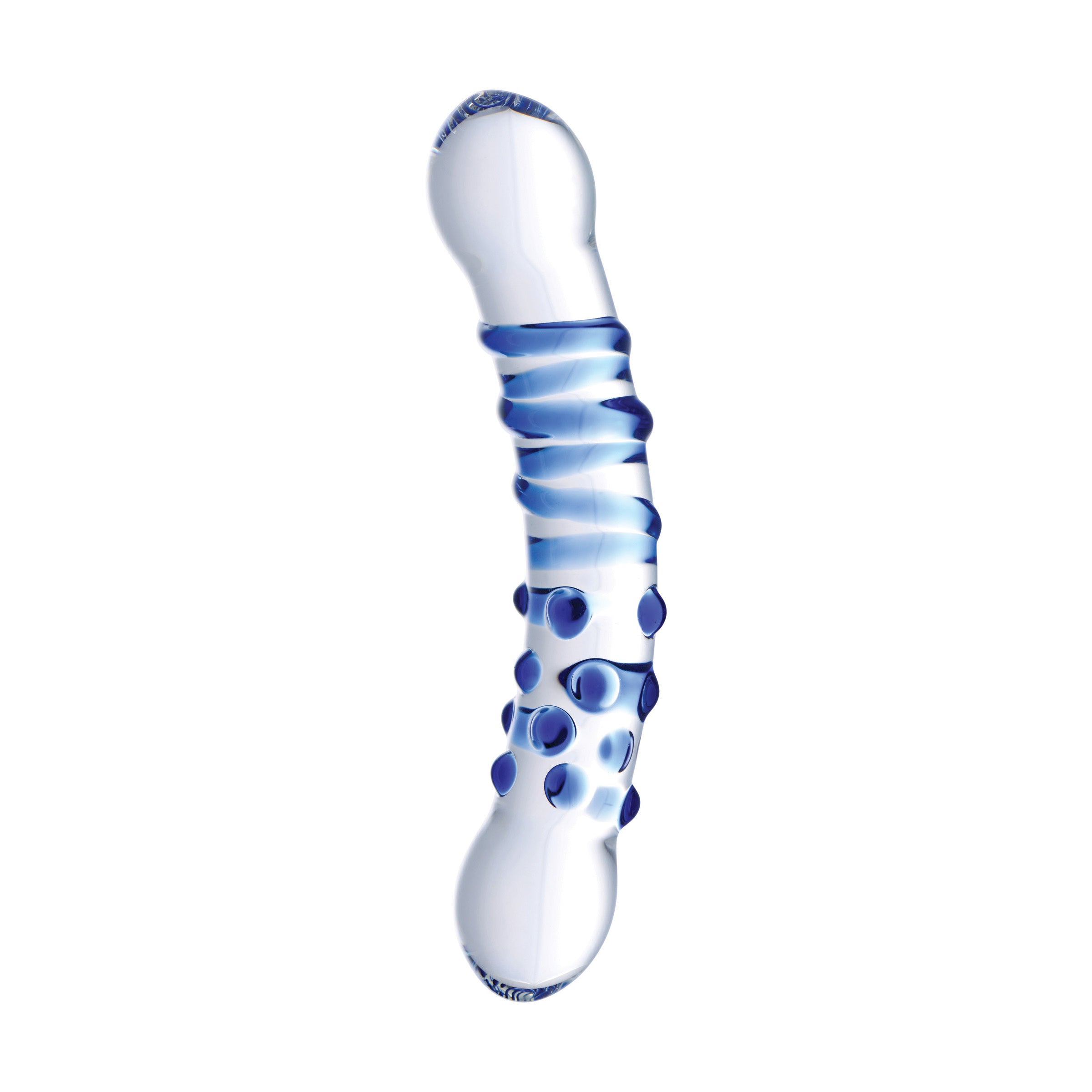 Blu Dual Ended Glass Dildo with smooth bulbous tips, designed for versatile pleasure and temperature play.