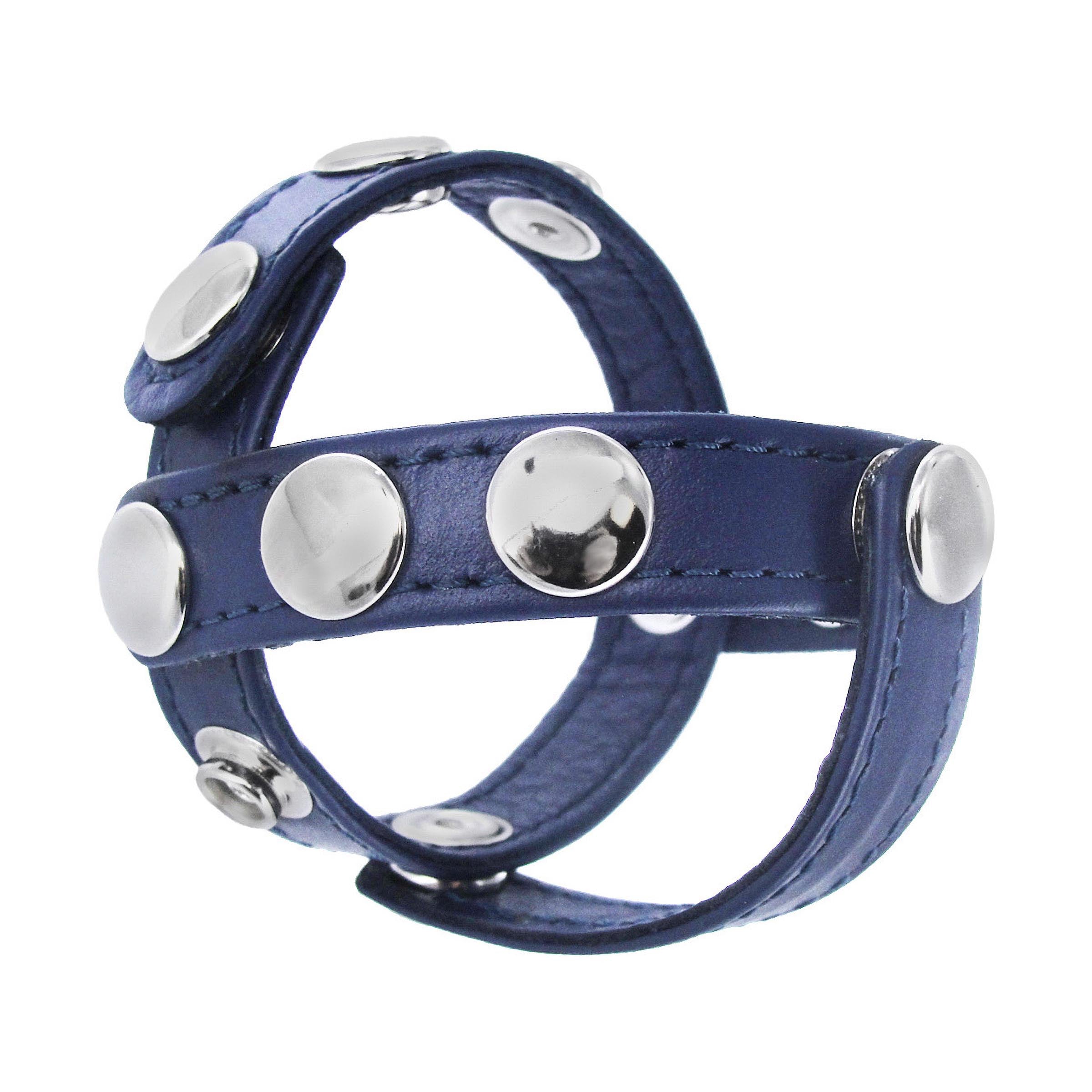 Blue Leather Cock and Ball Harness featuring adjustable straps for comfort and support, designed for enhanced pleasure.