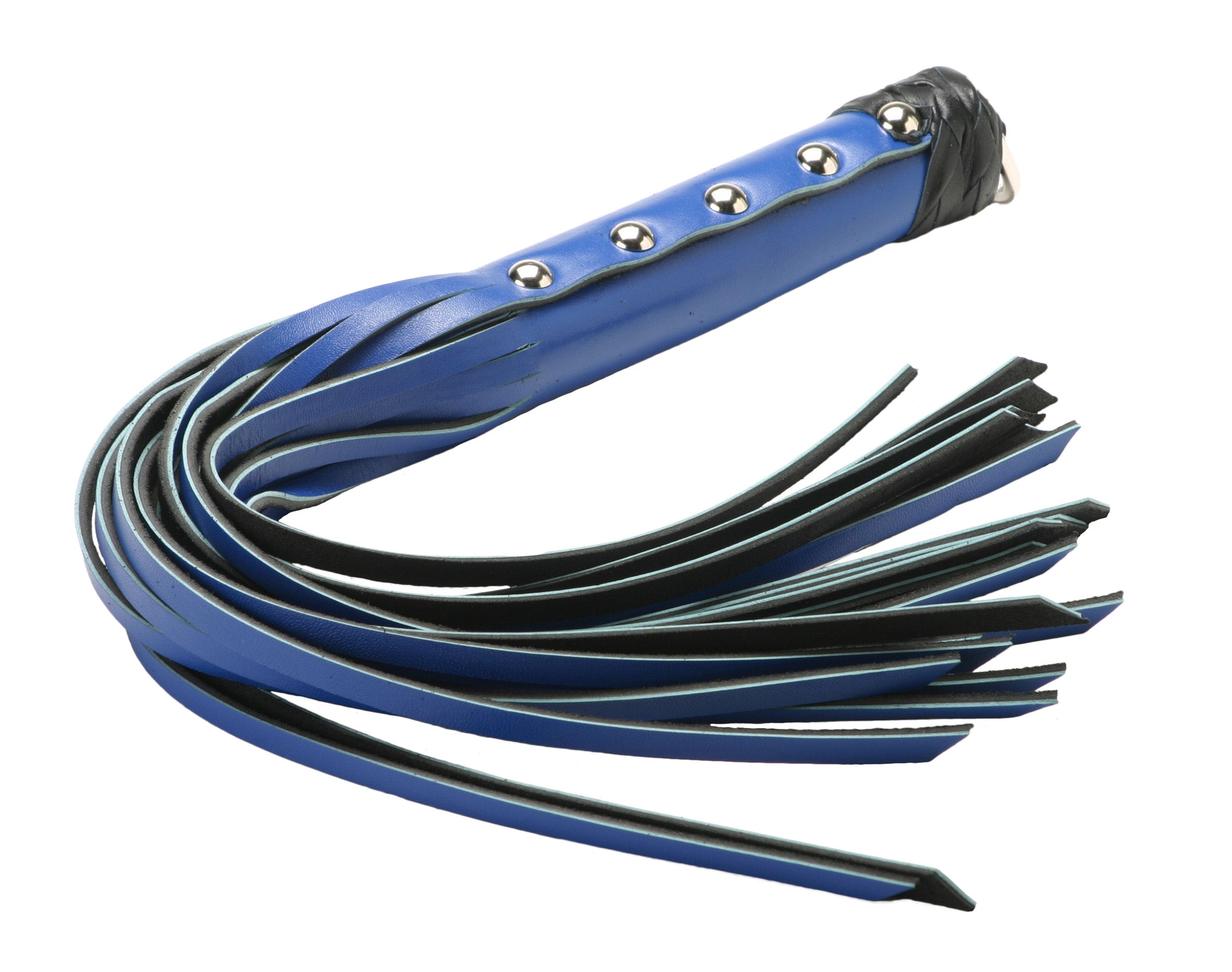 Blue mid-level leather whip with 13.5-inch straps and a sturdy handle featuring metallic studs.