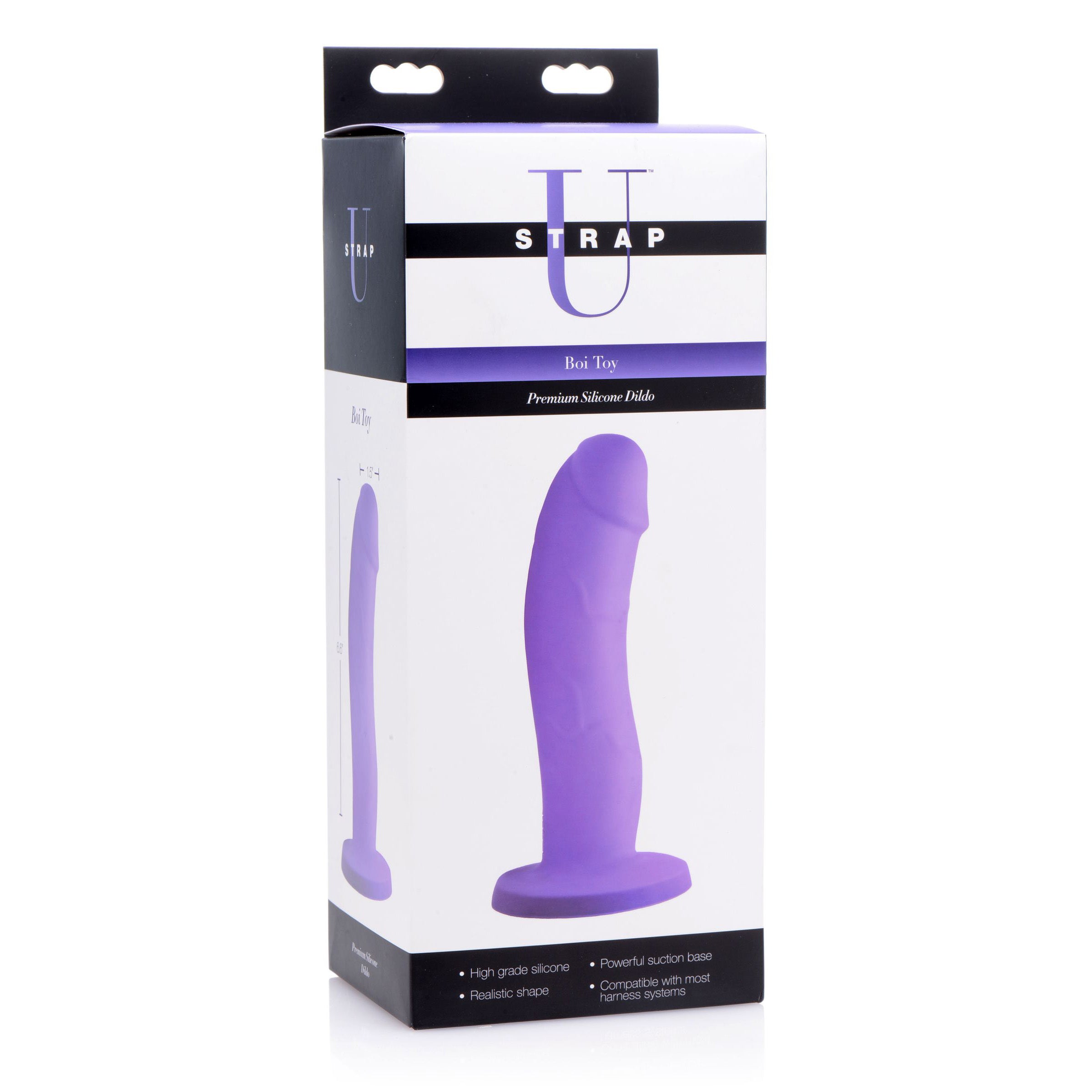 Boi Toy Premium Silicone Dildo in purple with a curved design and textured shaft, ideal for G-spot and P-spot stimulation.