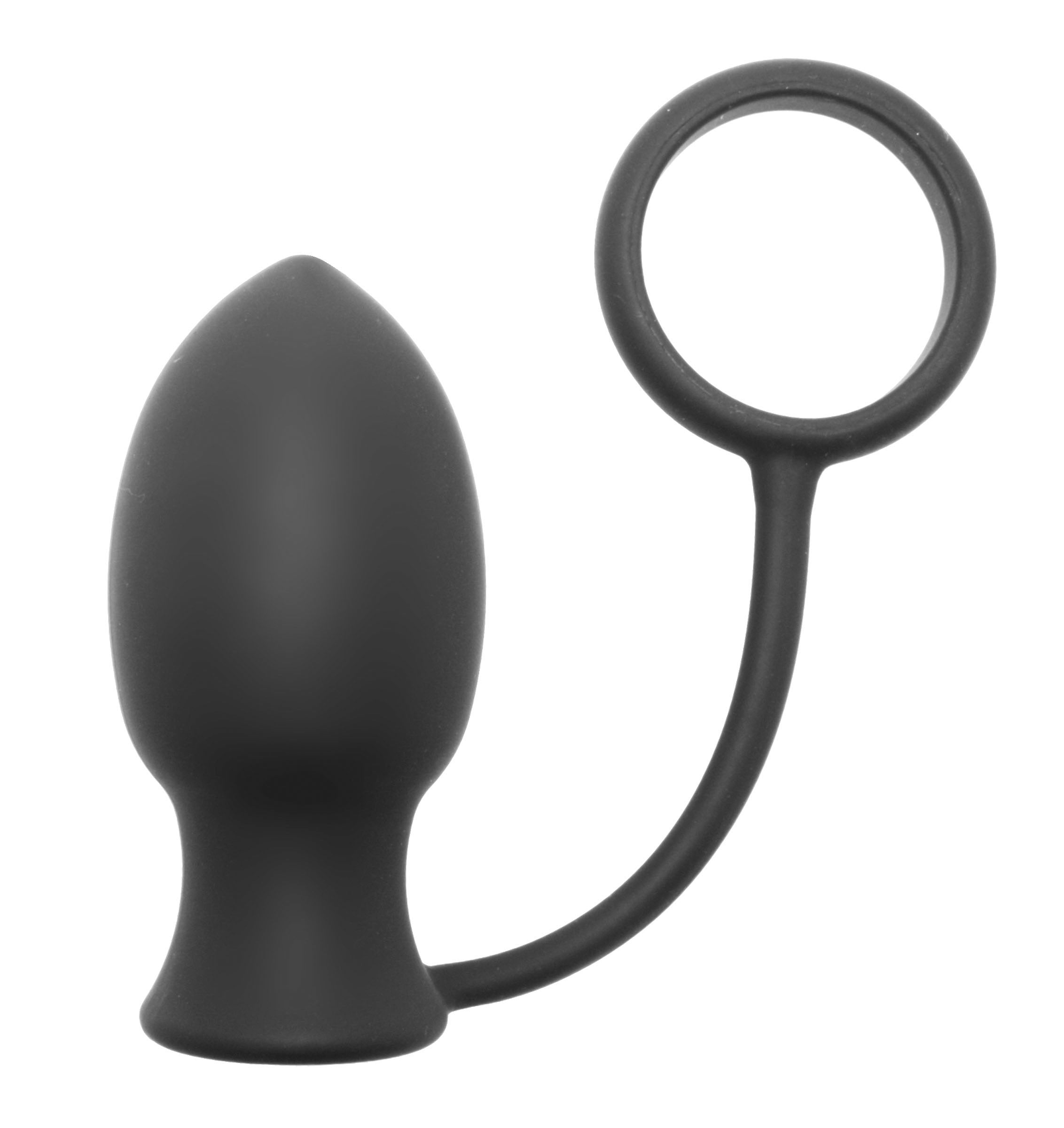 Bomber Vibrating Silicone Anal Plug with Cock Ring in black, showcasing its tapered tip and round body for anal stimulation.