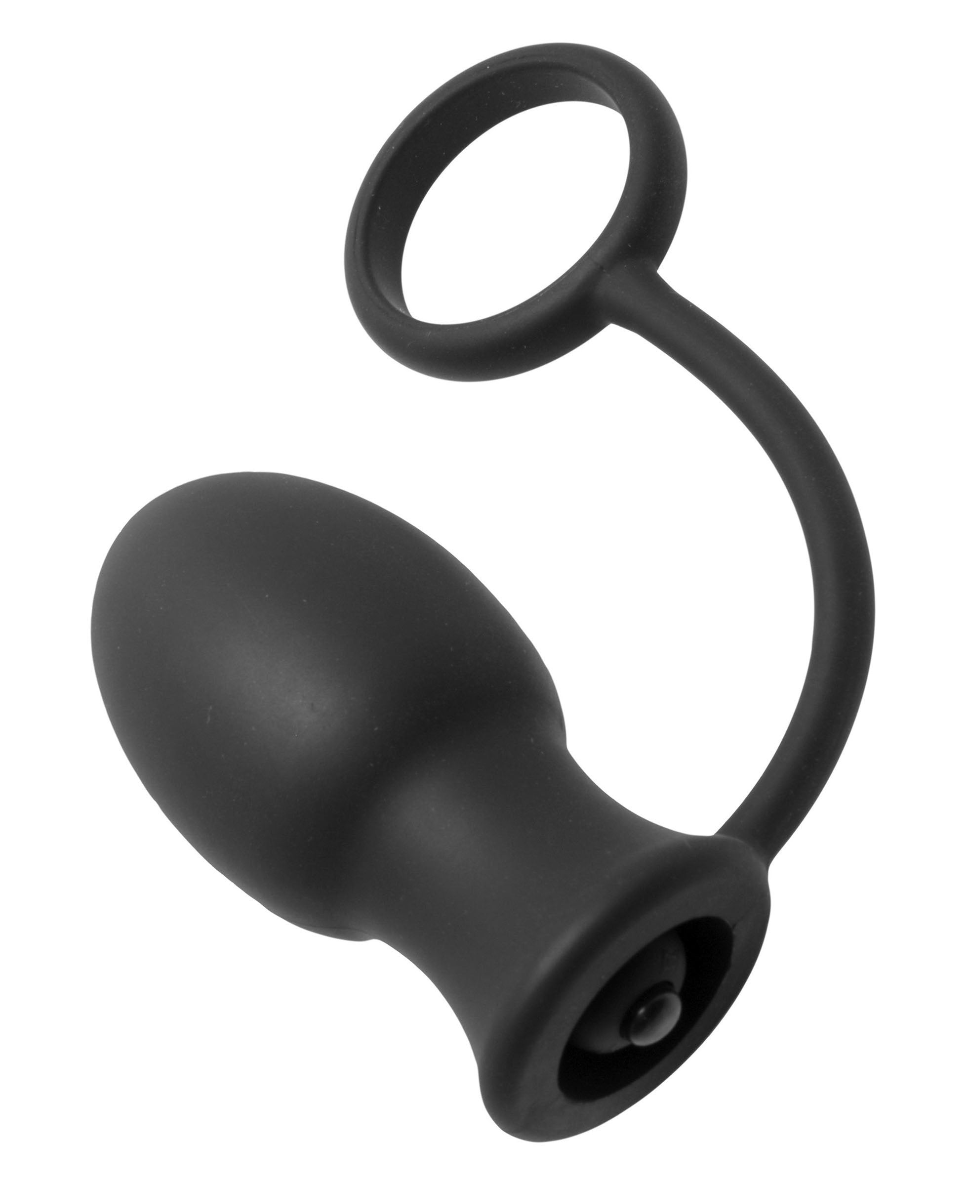 Bomber Vibrating Silicone Anal Plug with Cock Ring in black, showcasing its tapered tip and round body for anal stimulation.