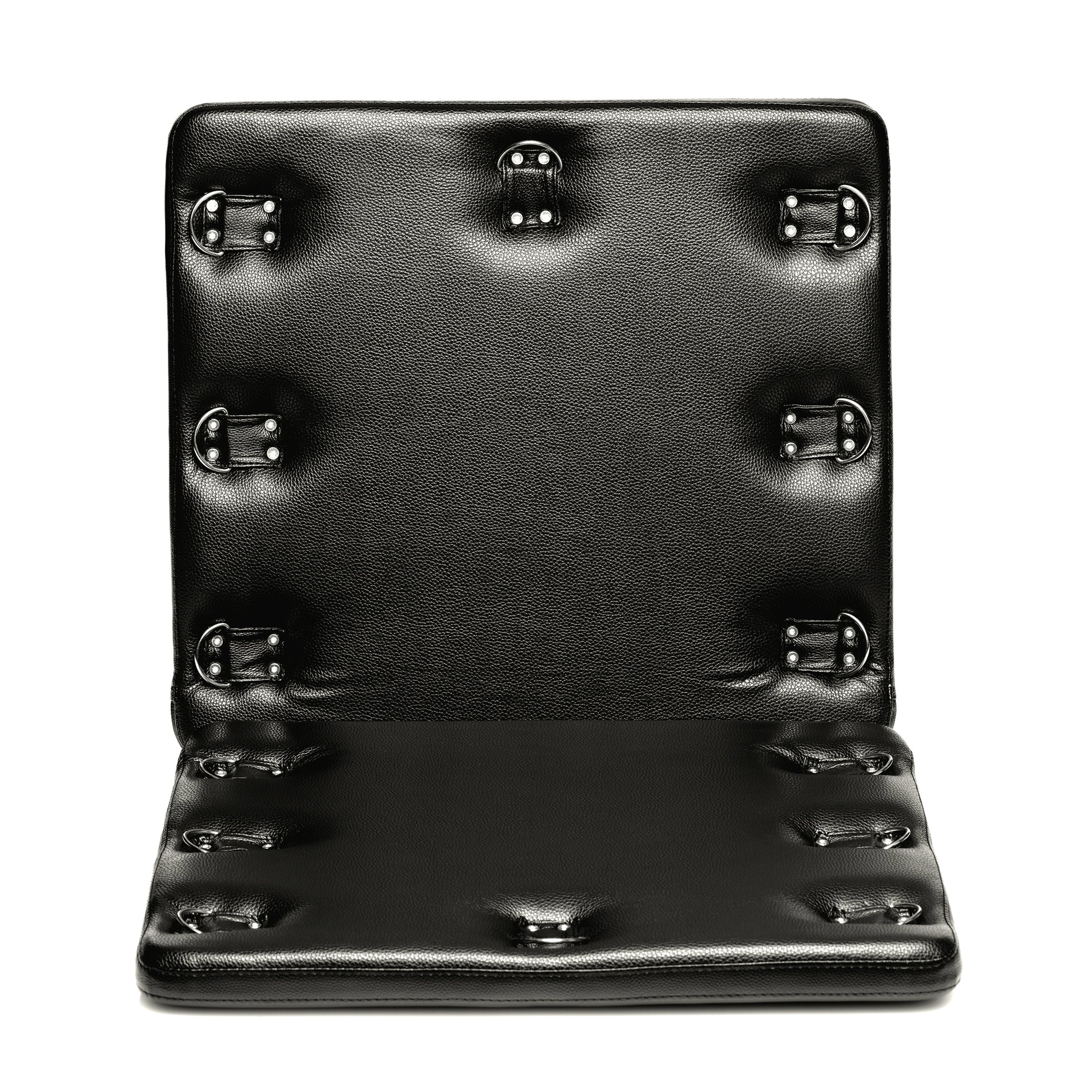 A black Bondage Board with 14 D-ring attachment points, padded for comfort, designed for BDSM play.