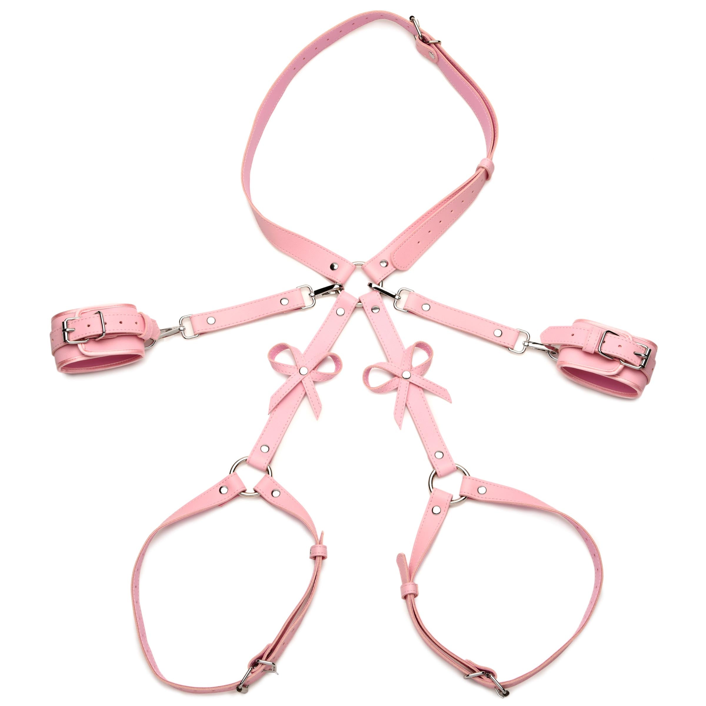 Pink bondage harness with bows, adjustable straps, and nickel-free metal buckles, designed for comfort and style.