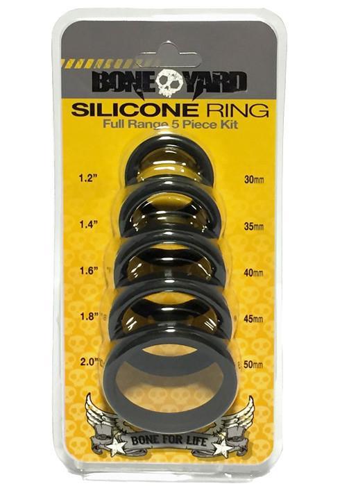 Boneyard Silicone Ring 5 Pcs Kit in Black, showcasing five different sizes of soft-touch silicone rings designed for comfort and durability.