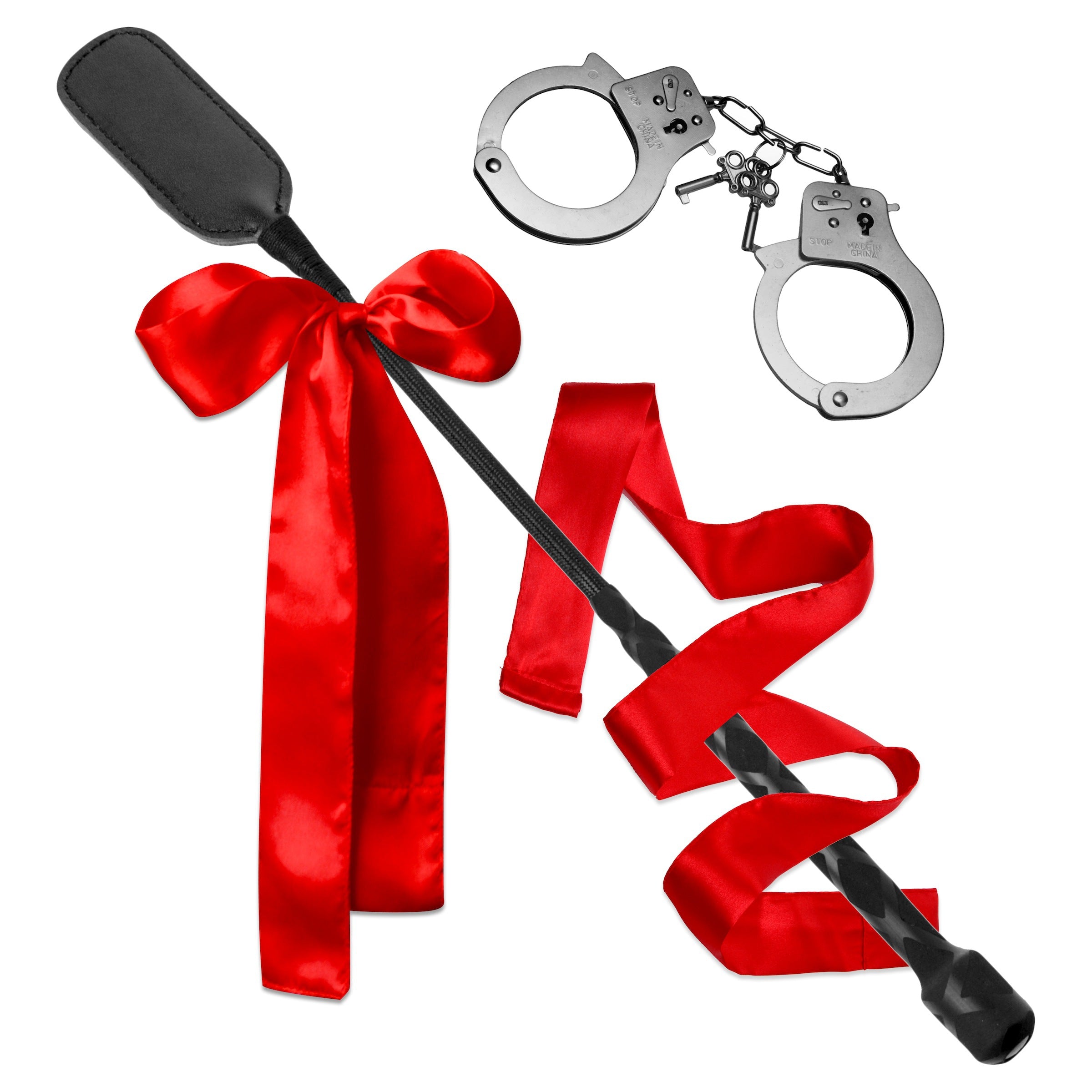 Bound by Desire Bedroom Bondage Kit featuring iron handcuffs, leather riding crop, and satin sashes in red.