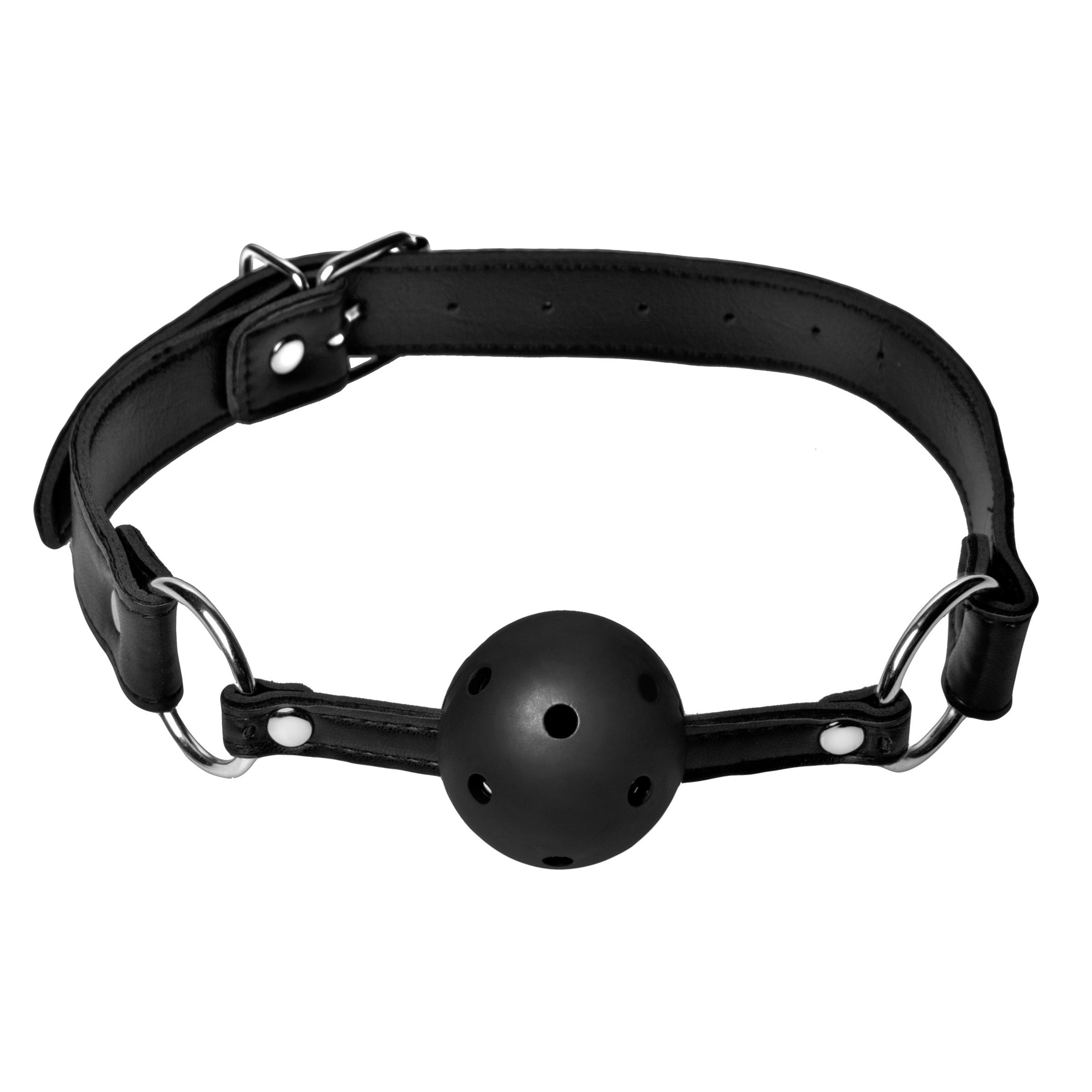 A black breathable ball gag with perforations, featuring adjustable vegan-friendly straps and a smooth plastic ball, designed for comfort and safety.