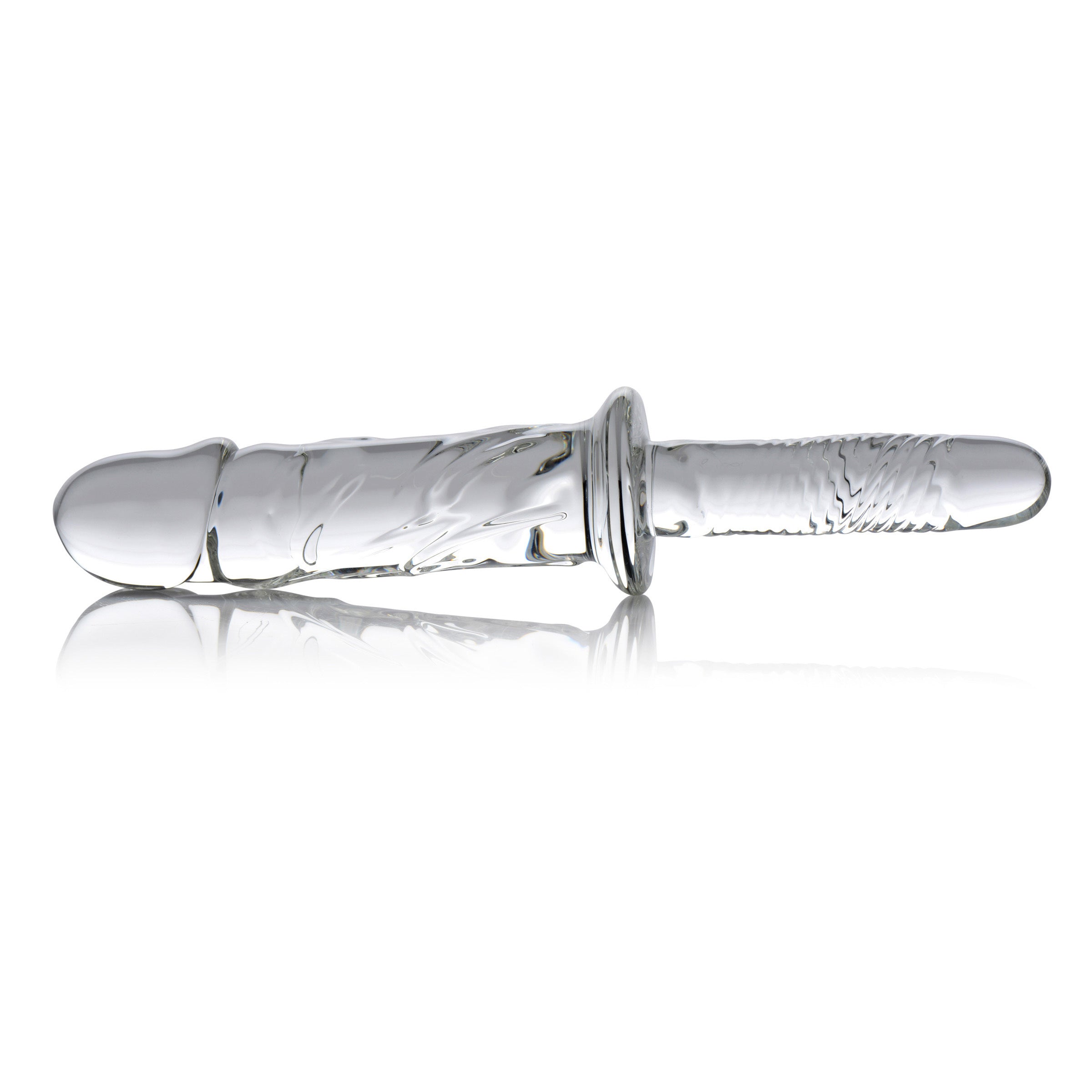 Brutus Glass Dildo Thruster with textured surface and grooved handle, designed for pleasure and control.