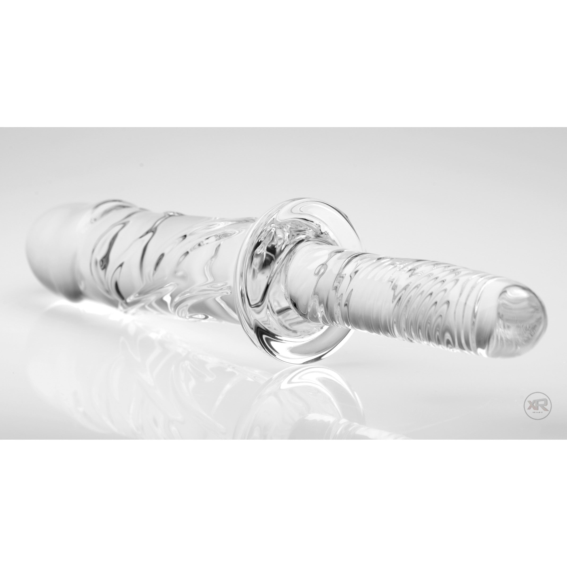 Brutus Glass Dildo Thruster with textured surface and grooved handle, designed for pleasure and control.