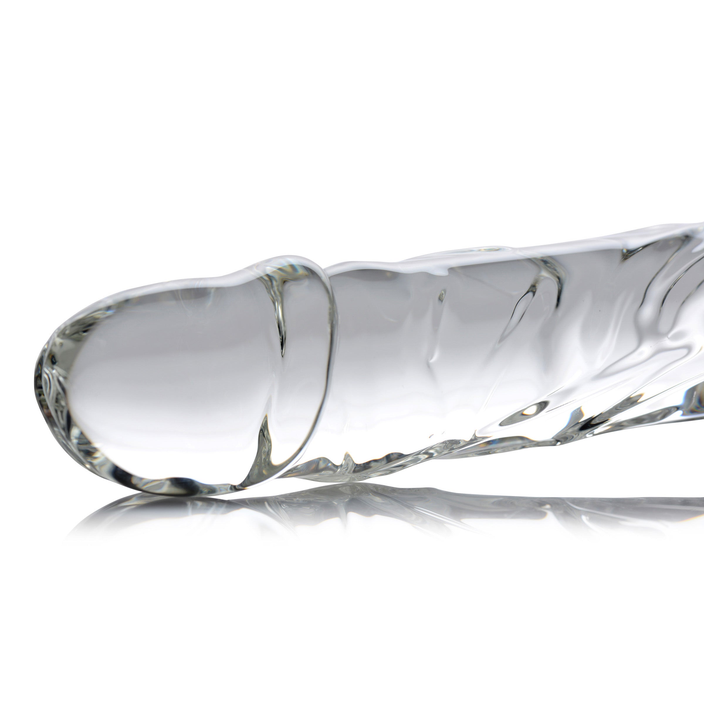 Brutus Glass Dildo Thruster with textured surface and grooved handle, designed for pleasure and control.