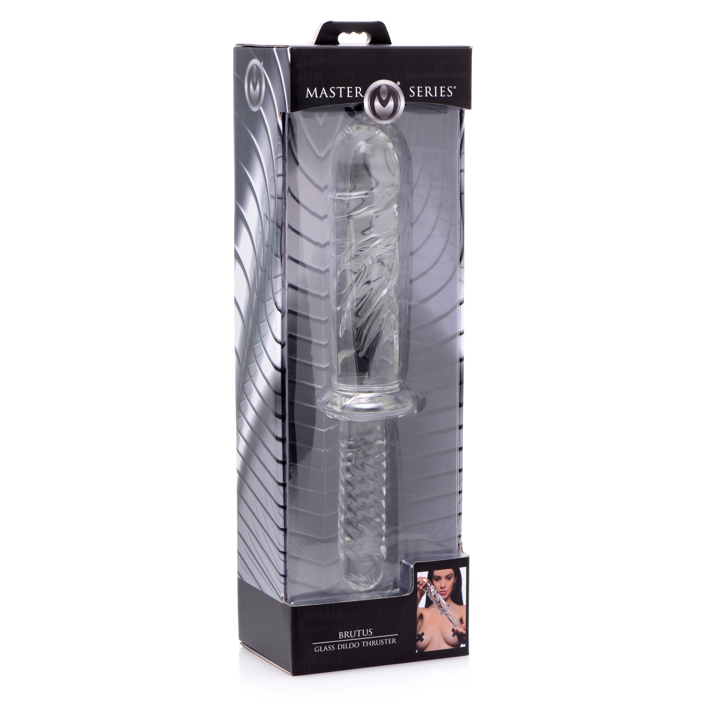 Brutus Glass Dildo Thruster with textured surface and grooved handle, designed for pleasure and control.