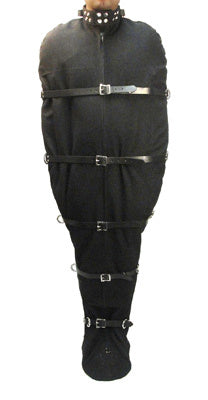 Canvas Sleep Sack in black, featuring adjustable leather straps and zippers for versatile restraint.