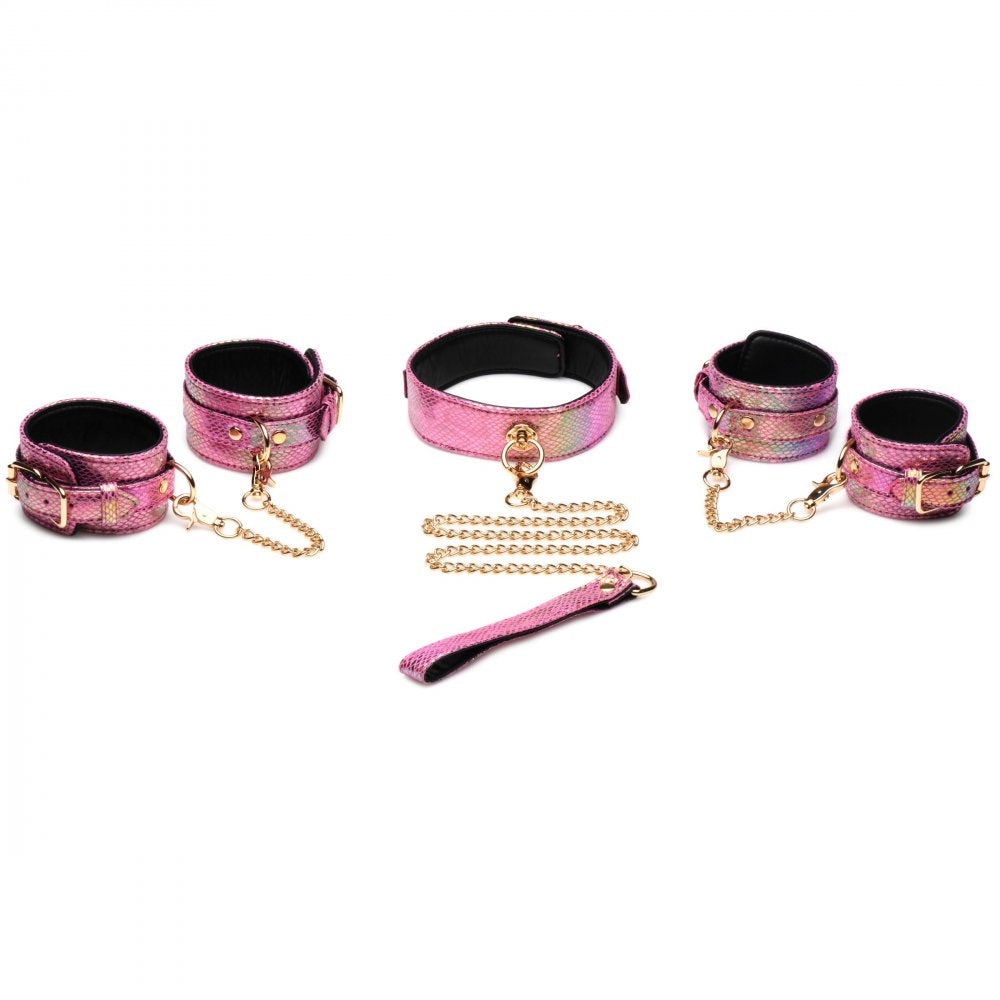 Captive Cobra 6 Piece Bondage Set featuring pink cuffs, collar, and leash with iridescent rainbow shine and golden metal accents.