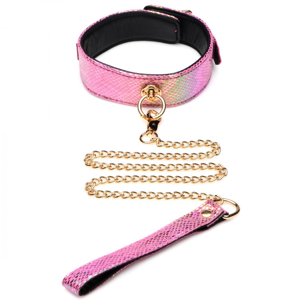 Captive Cobra 6 Piece Bondage Set featuring pink cuffs, collar, and leash with iridescent rainbow shine and golden metal accents.