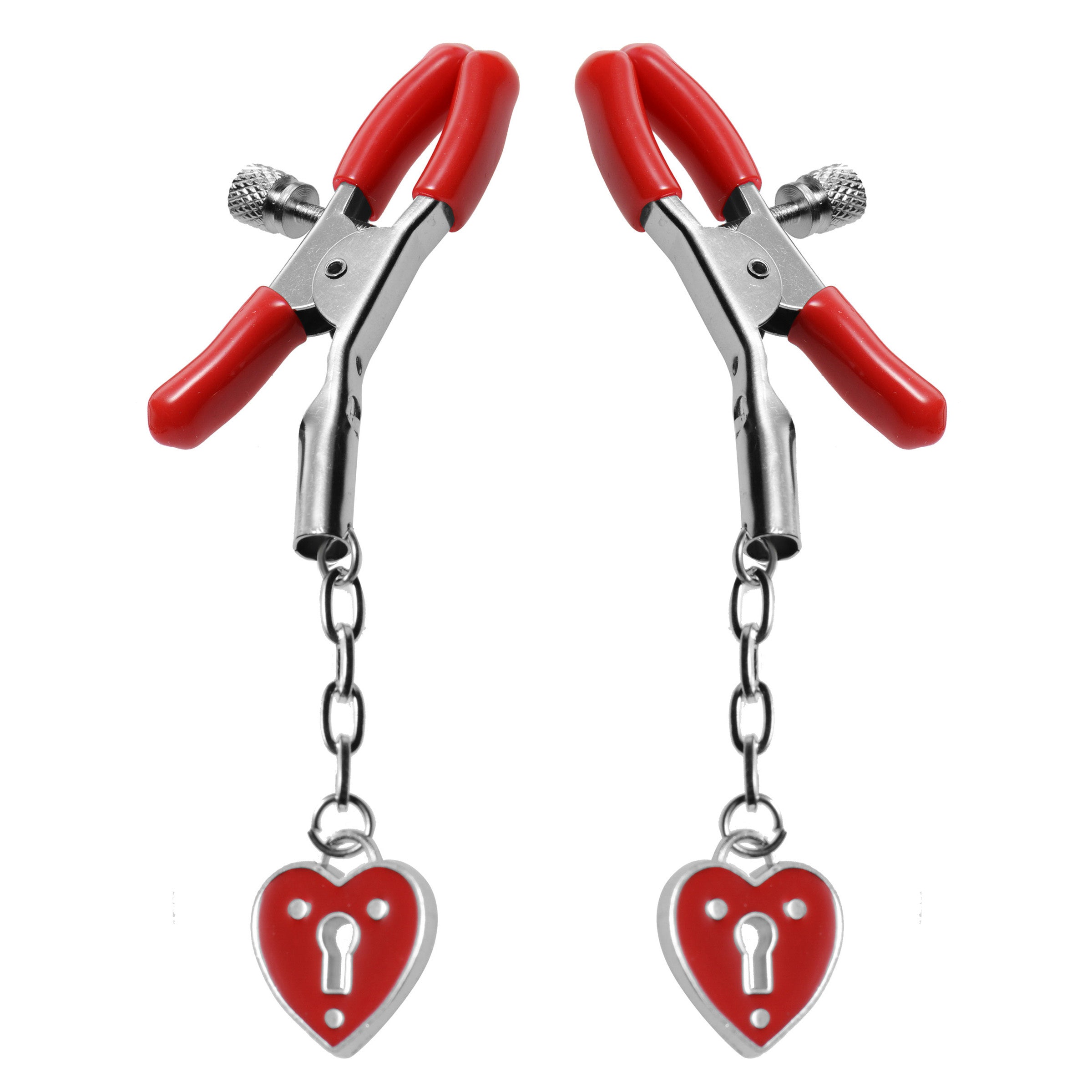 Captive Heart Padlock Nipple Clamps with heart-shaped detailing and vinyl coated tips for comfort.