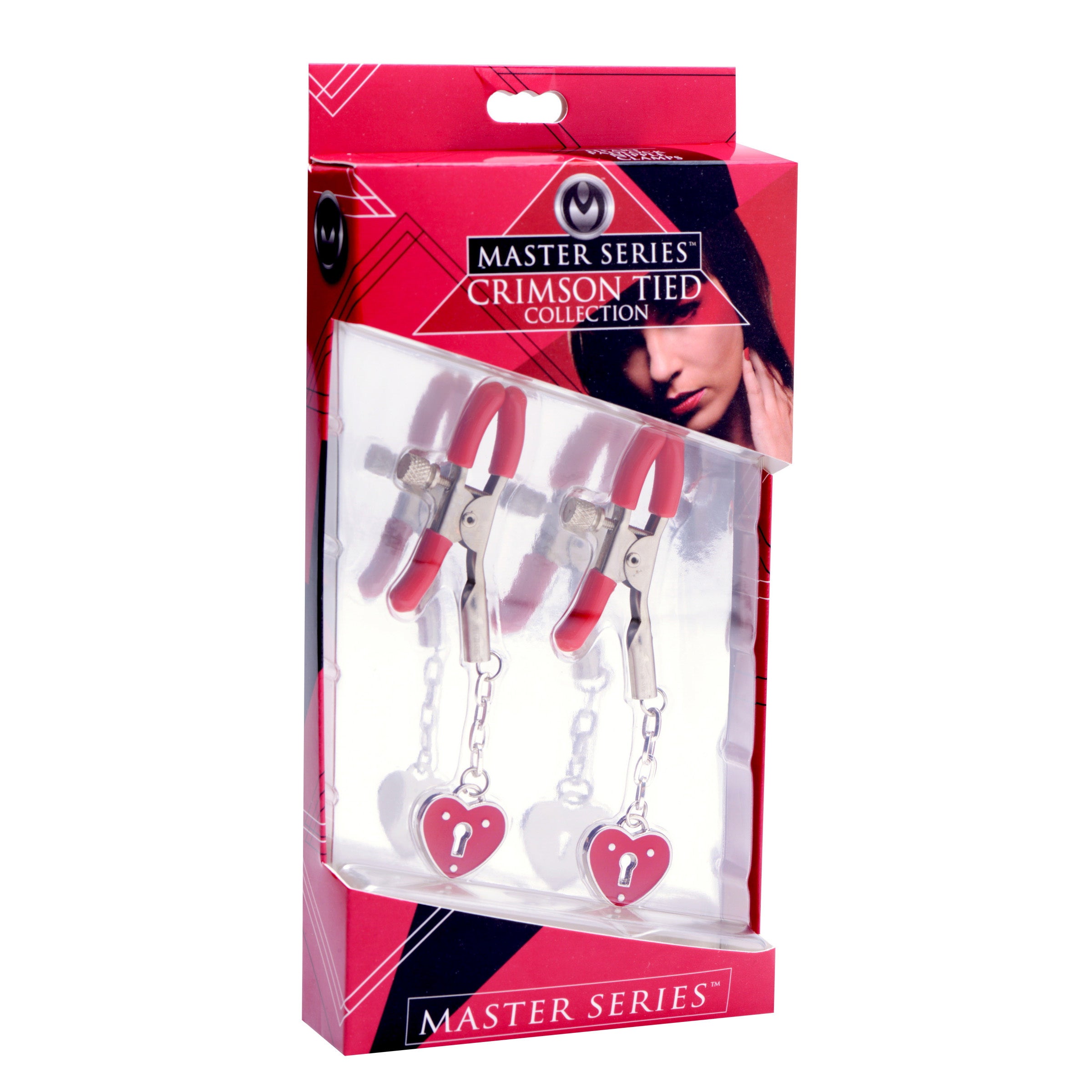 Captive Heart Padlock Nipple Clamps with heart-shaped detailing and vinyl coated tips for comfort.