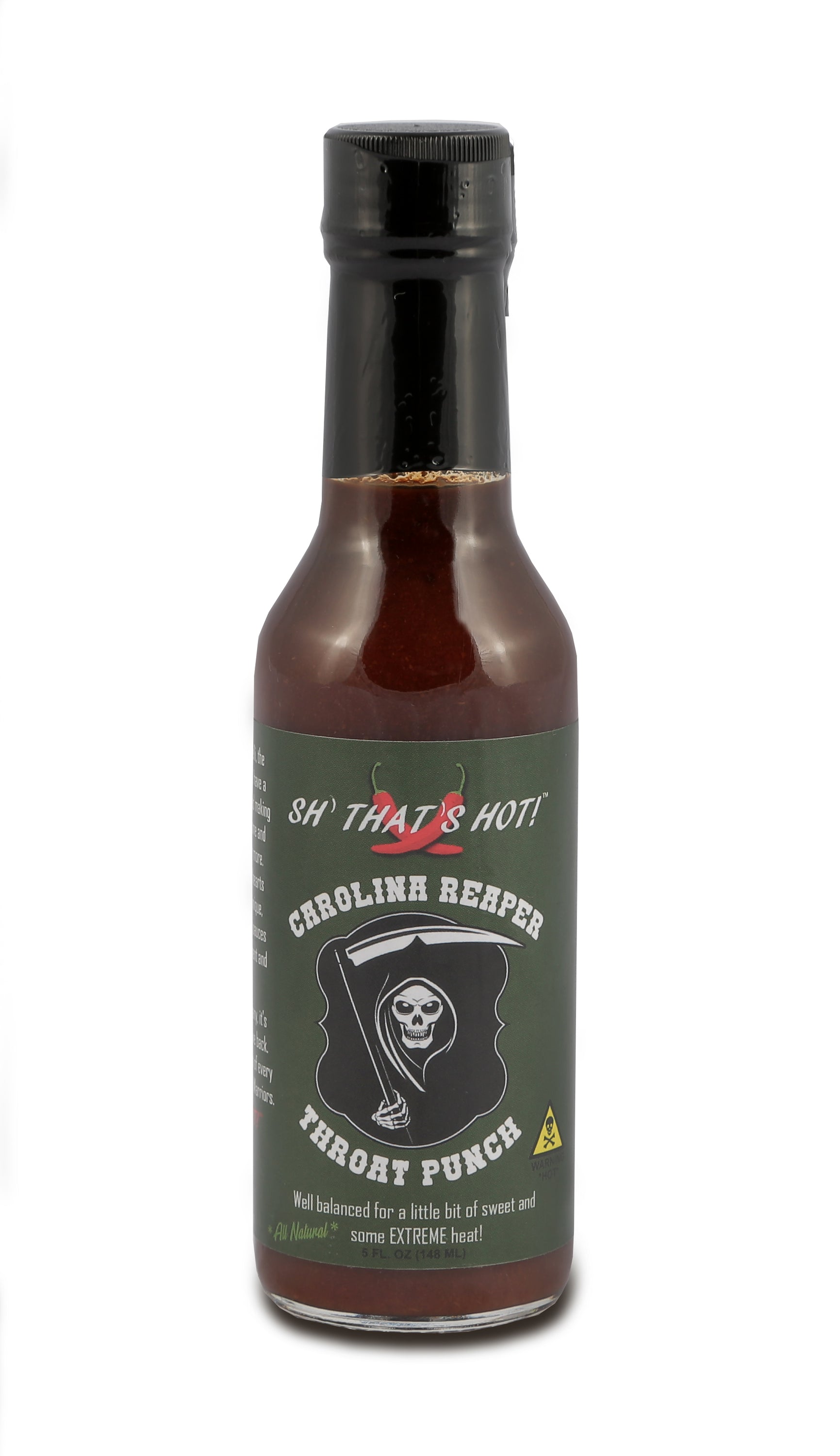 A bottle of Carolina Reaper Throat Punch hot sauce with a fiery red label, showcasing its intense heat and flavor profile.