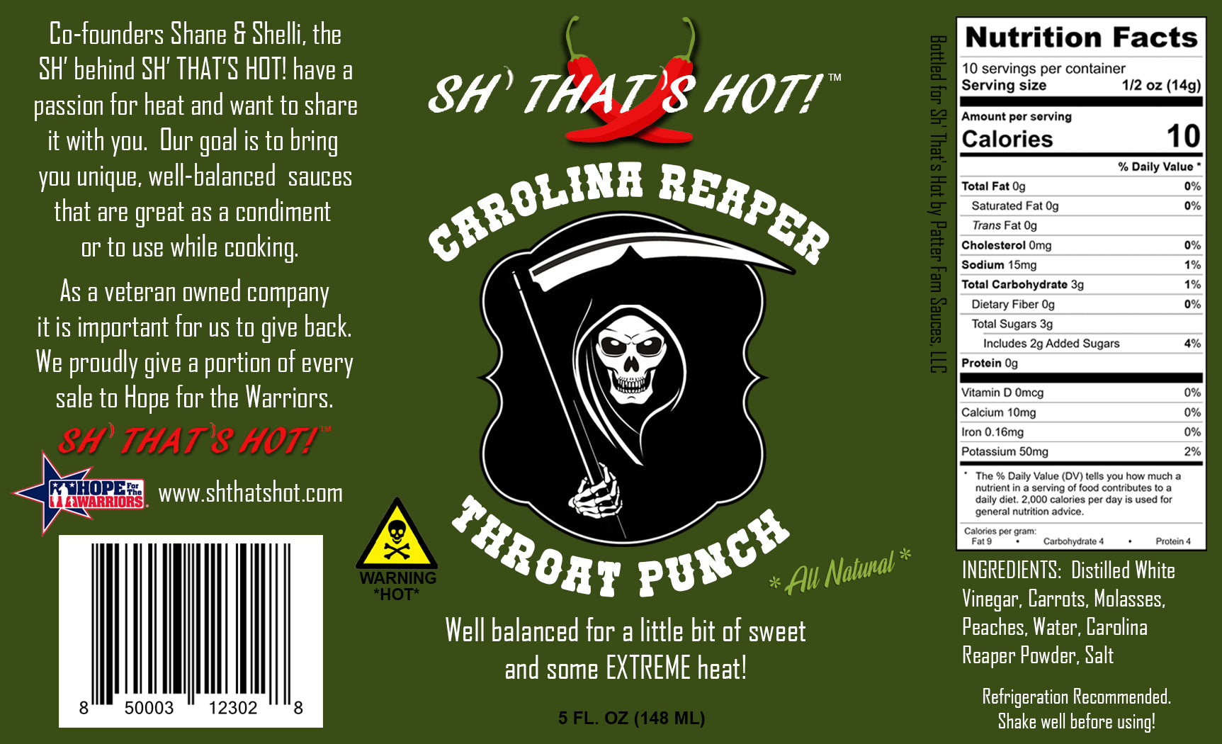 A bottle of Carolina Reaper Throat Punch hot sauce with a fiery red label, showcasing its intense heat and flavor profile.