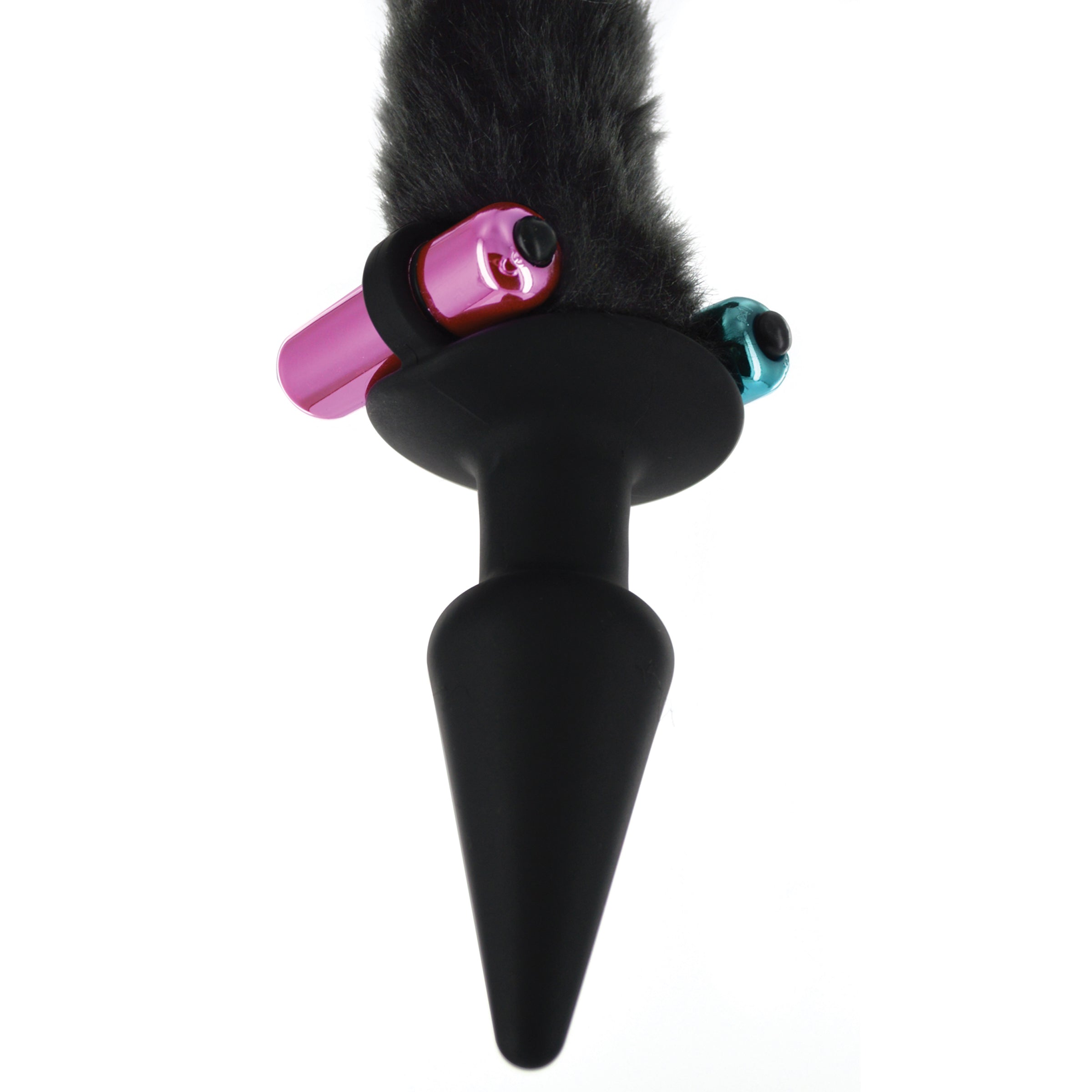 A seductive black cat mask with perky ears and rhinestone accents, paired with a long, furry cat tail anal plug, perfect for playful roleplay.