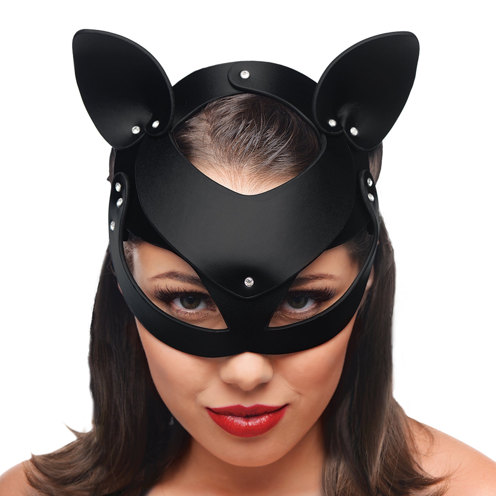 A seductive black cat mask with perky ears and rhinestone accents, paired with a long, furry cat tail anal plug, perfect for playful roleplay.