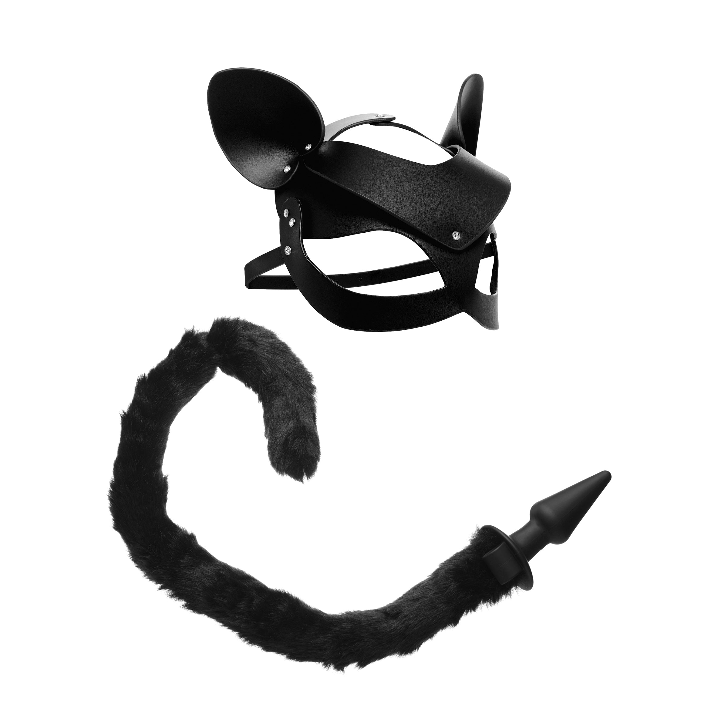 A seductive black cat mask with perky ears and rhinestone accents, paired with a long, furry cat tail anal plug, perfect for playful roleplay.