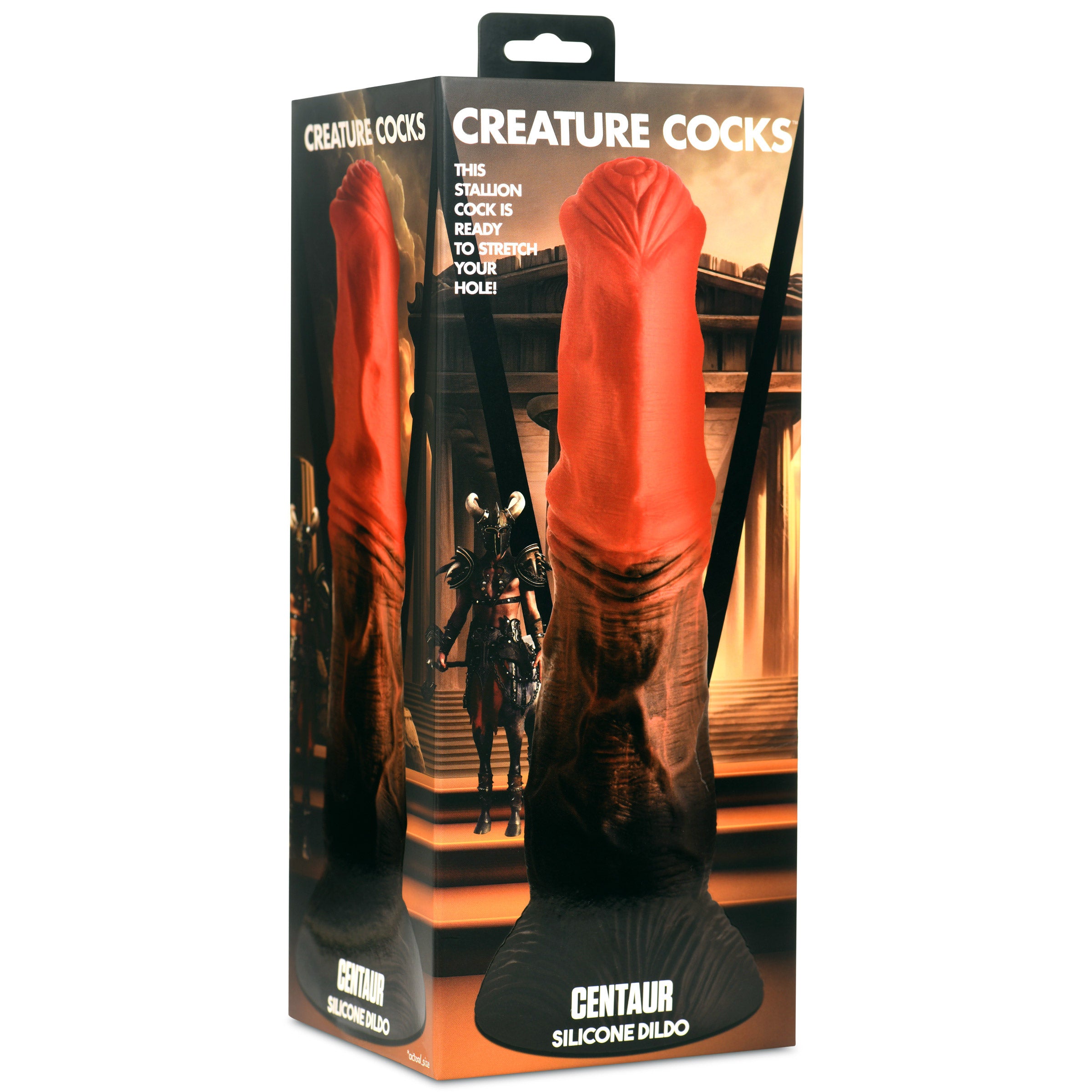 Centaur Silicone Dildo in orange, copper, and black colors, showcasing its thick, veiny design and strong suction cup base.