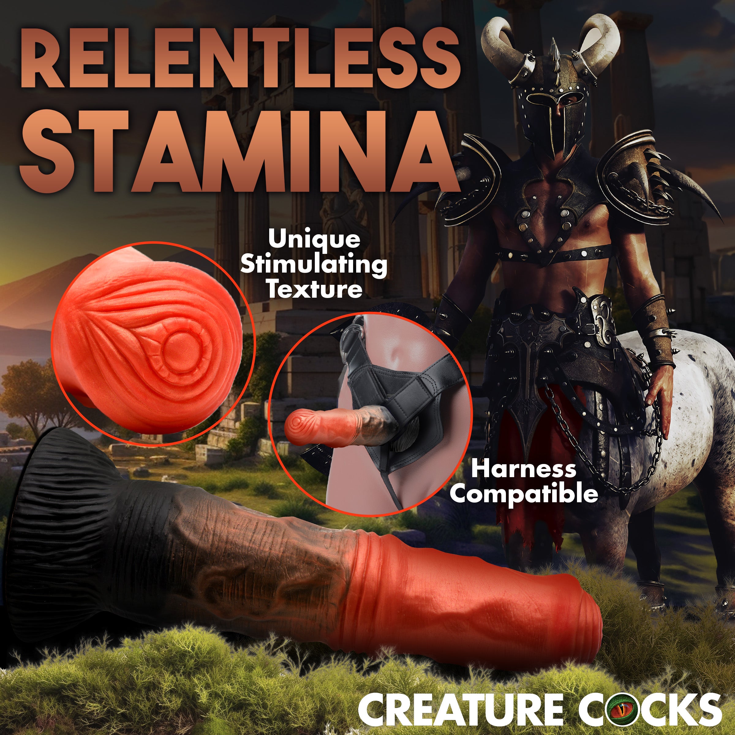 Centaur Silicone Dildo in orange, copper, and black colors, showcasing its thick, veiny design and strong suction cup base.