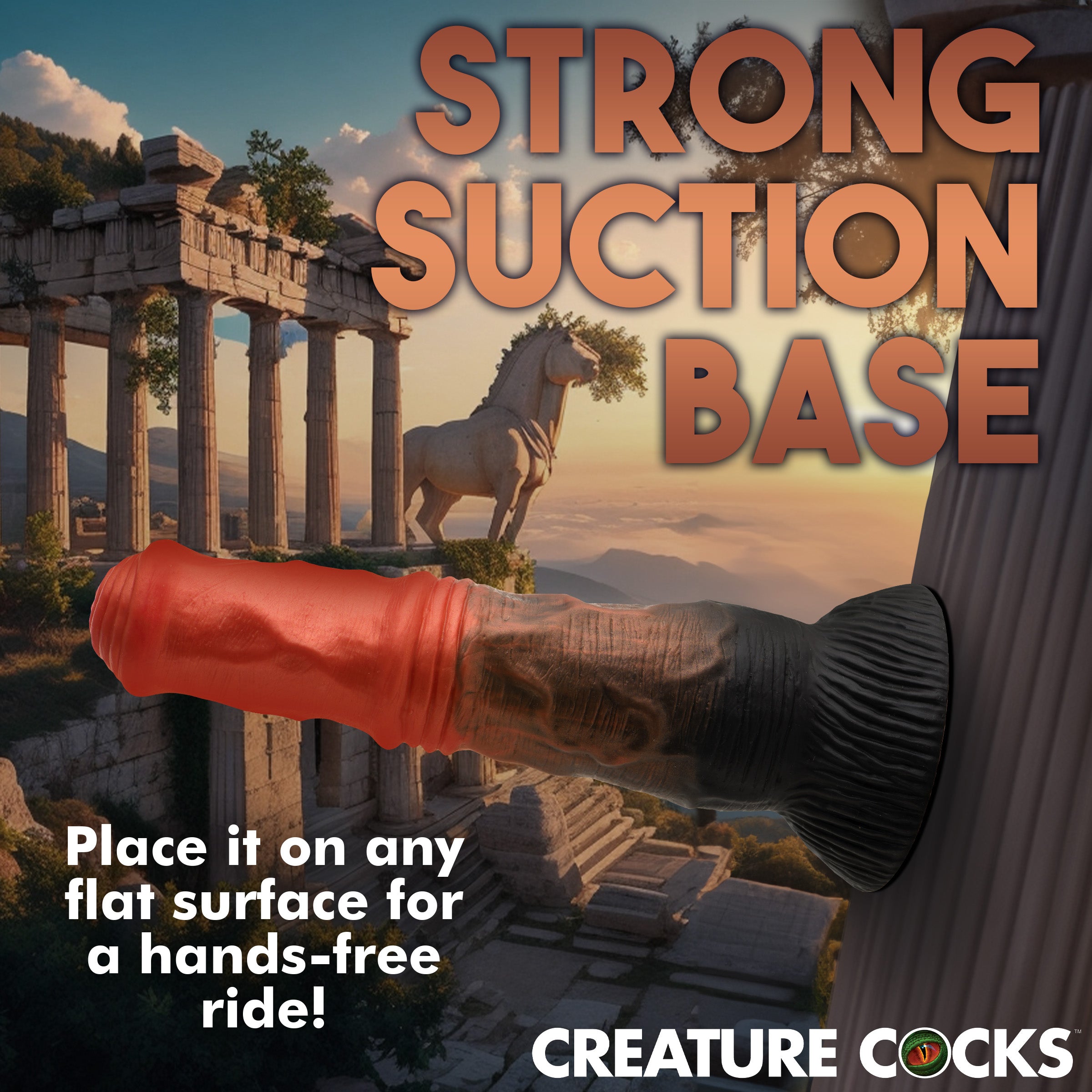 Centaur Silicone Dildo in orange, copper, and black colors, showcasing its thick, veiny design and strong suction cup base.