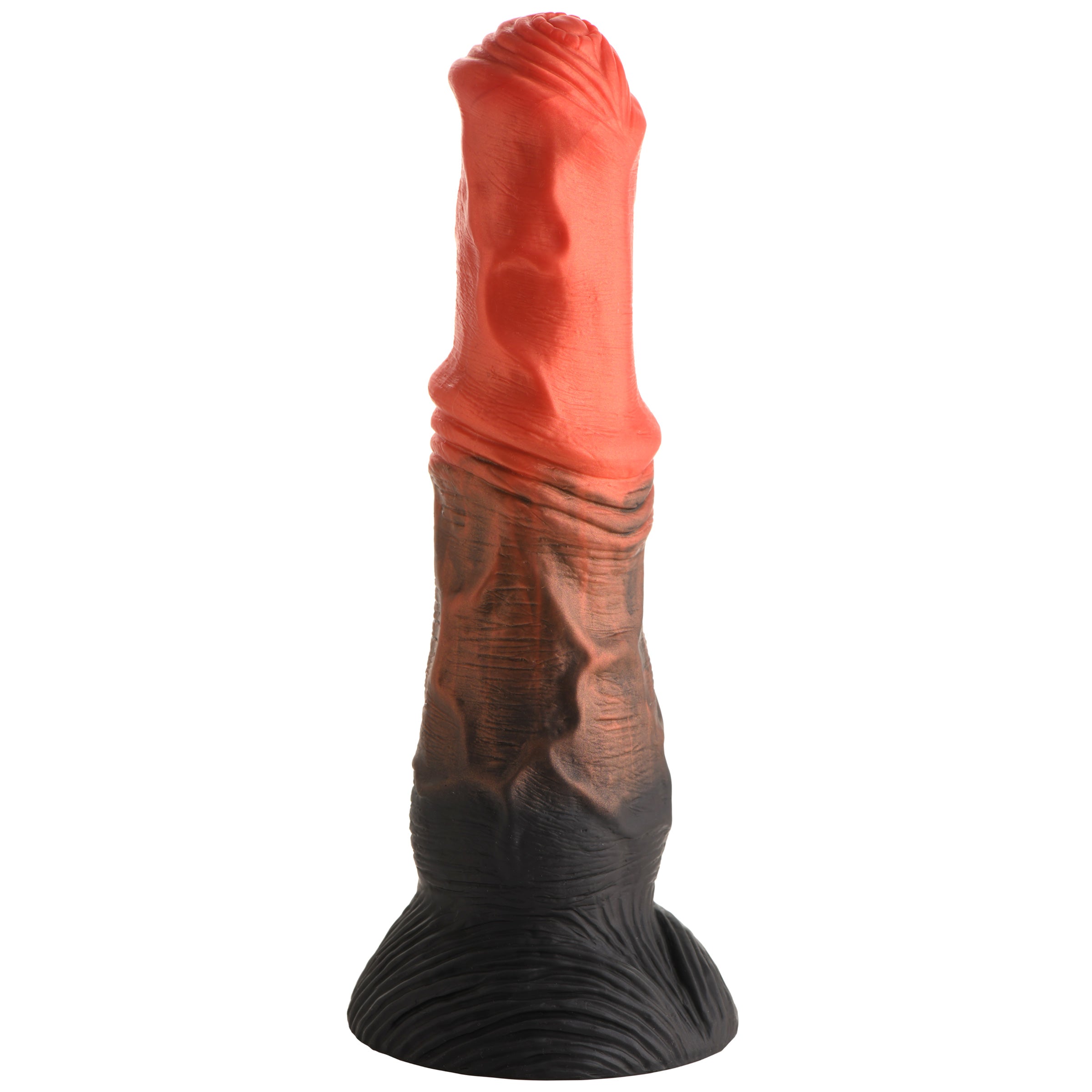 Centaur Silicone Dildo in orange, copper, and black colors, showcasing its thick, veiny design and strong suction cup base.