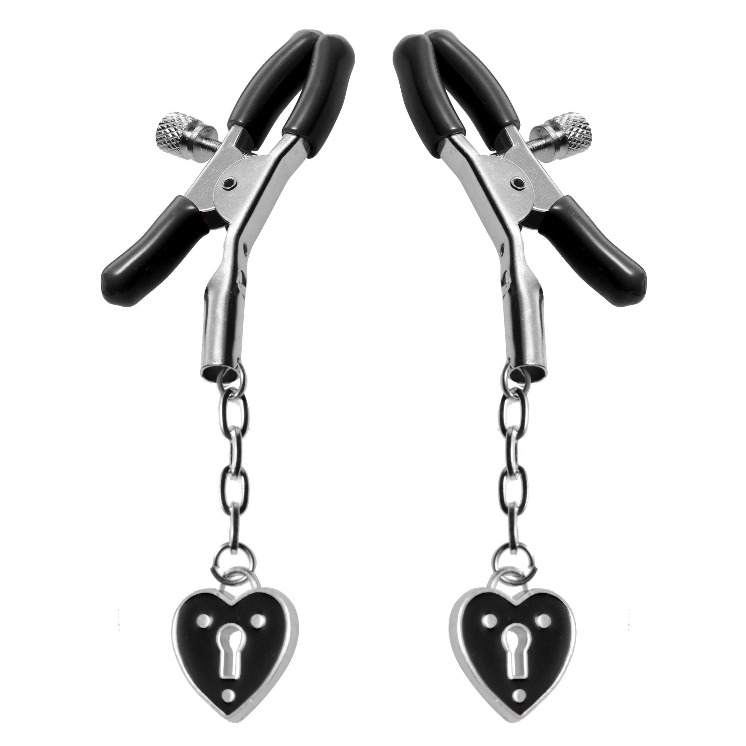 Charmed Heart Padlock Nipple Clamps with heart-shaped accents and vinyl-coated tips for comfort.