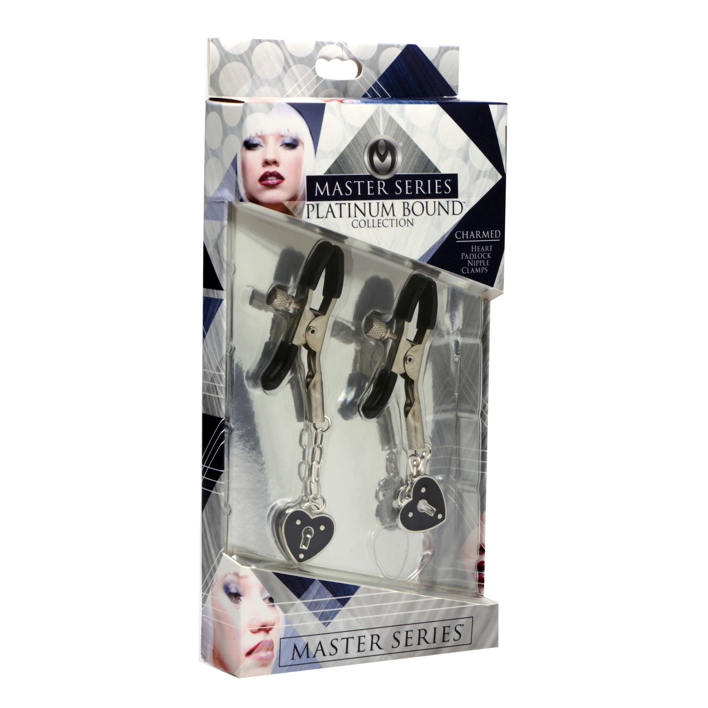 Charmed Heart Padlock Nipple Clamps with heart-shaped accents and vinyl-coated tips for comfort.