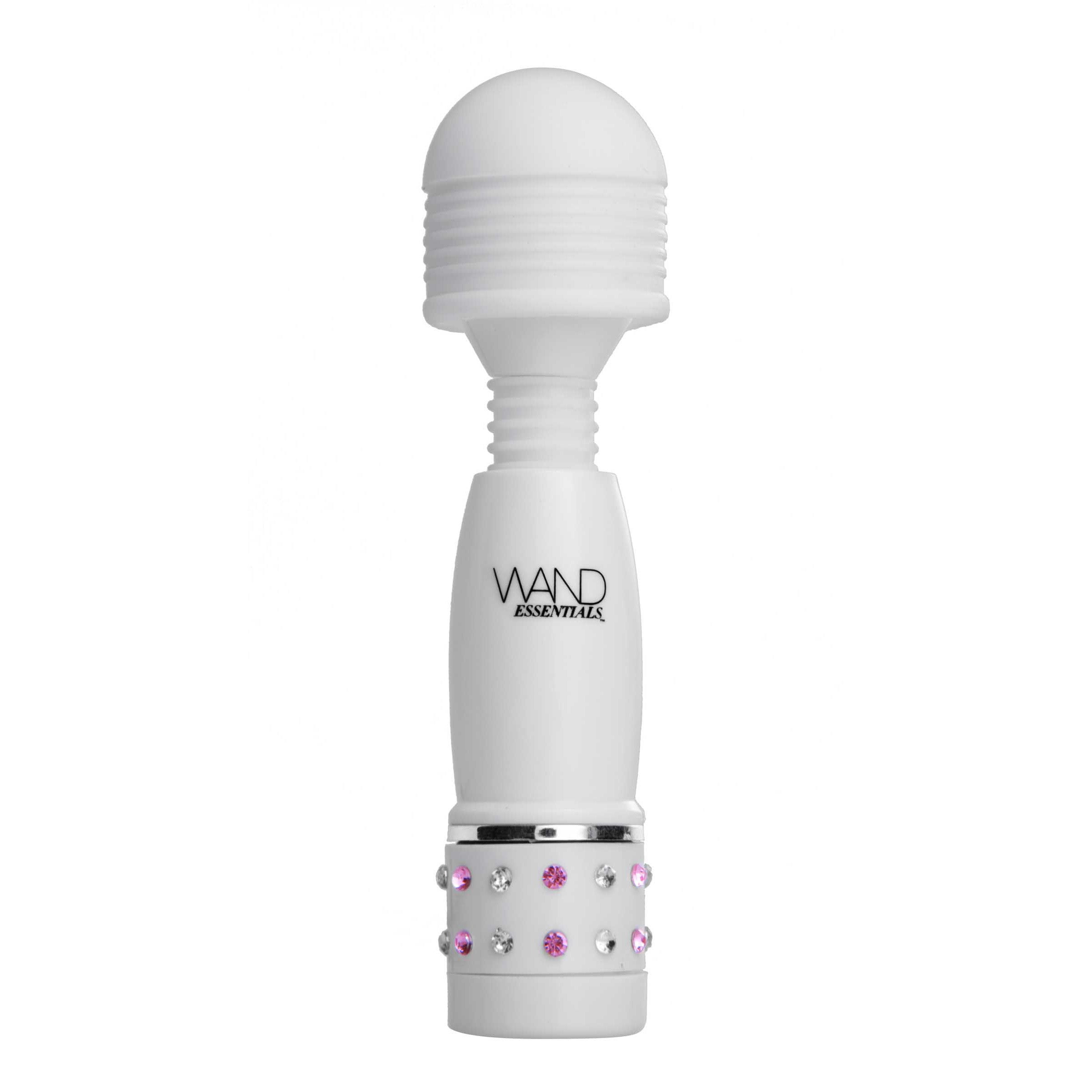 Charmed Petite Massage Wand in white with pink and white gems, designed for portable pleasure and relaxation.