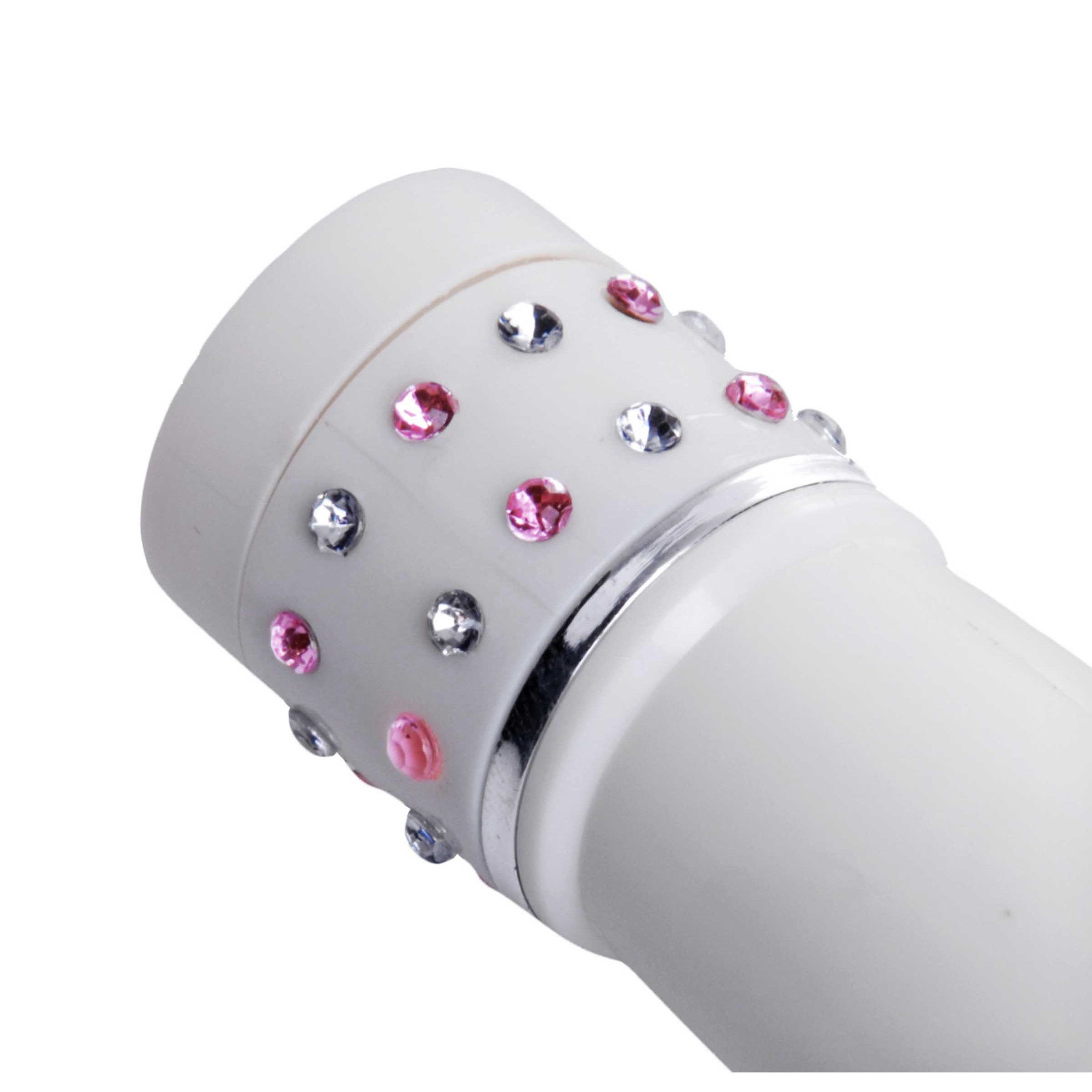 Charmed Petite Massage Wand in white with pink and white gems, designed for portable pleasure and relaxation.