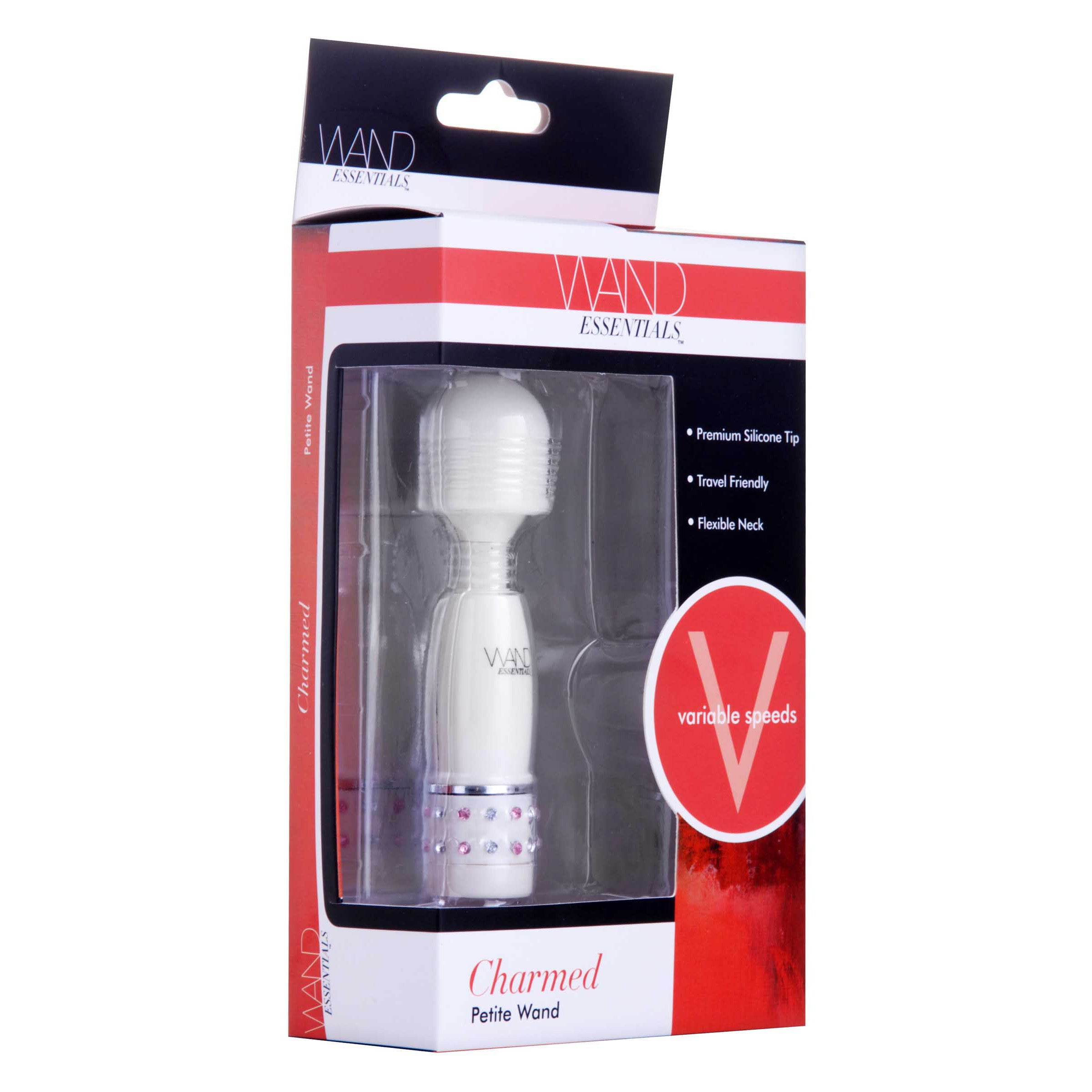 Charmed Petite Massage Wand in white with pink and white gems, designed for portable pleasure and relaxation.