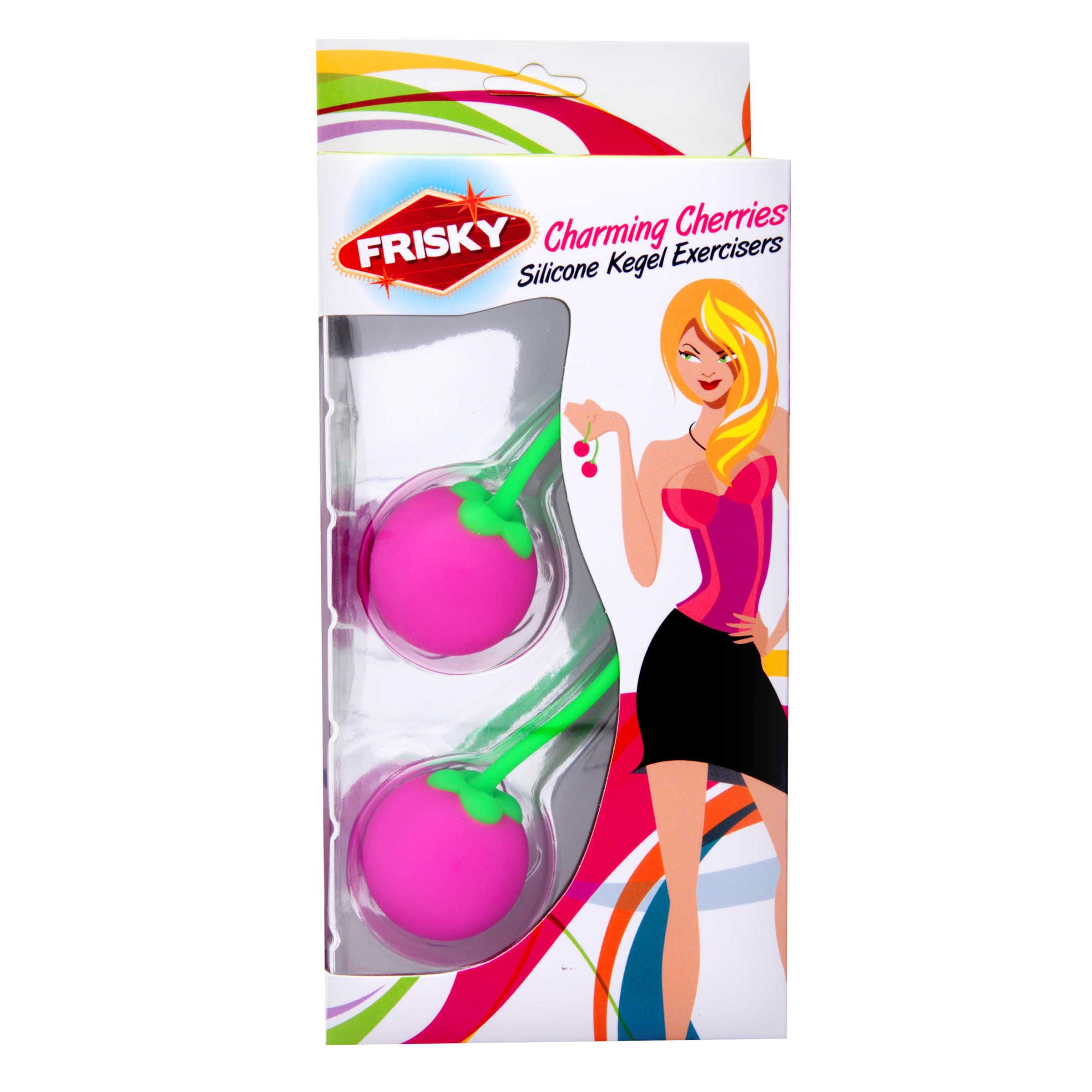 Charming Cherries Silicone Kegel Exercisers featuring neon pink cherries connected by a green stem, designed for pelvic floor training.