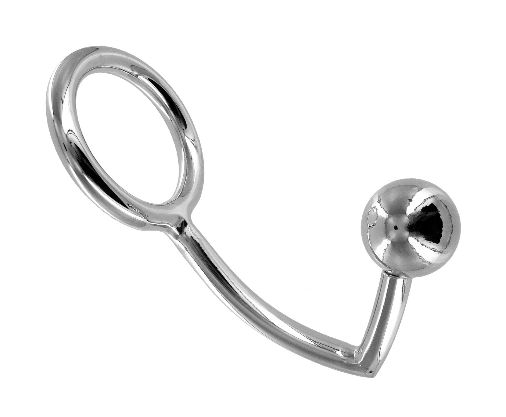 Chrome plated anal ball with attached cock ring, showcasing its sleek design and smooth surface.