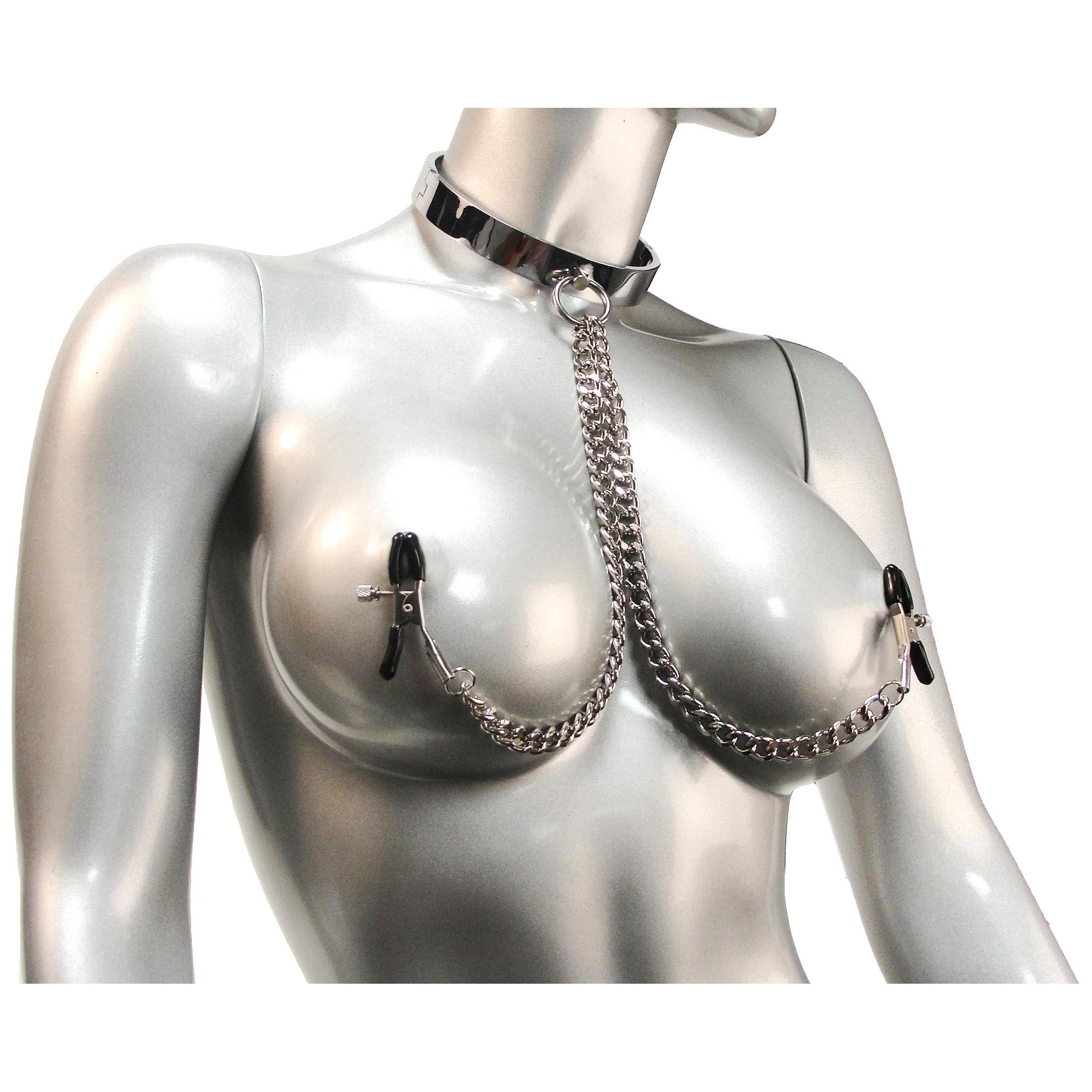 Chrome slave collar with adjustable nipple clamps and chains, designed for BDSM play, showcasing sleek and shiny chrome finish.