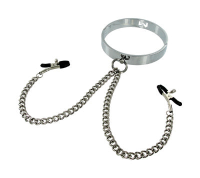 Chrome slave collar with adjustable nipple clamps and chains, designed for BDSM play, showcasing sleek and shiny chrome finish.