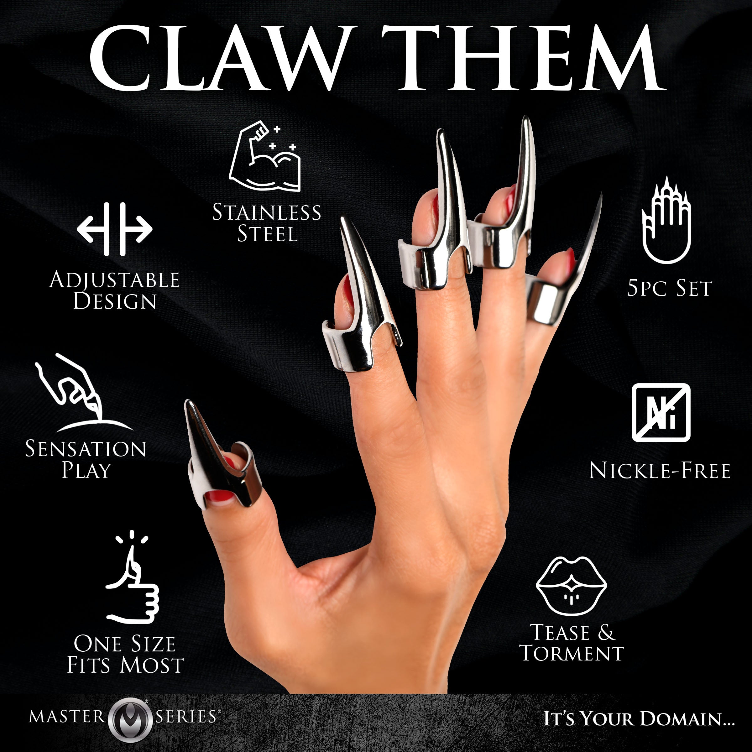 Five stainless steel claw rings designed for sensation play, featuring adjustable bands for a secure fit.