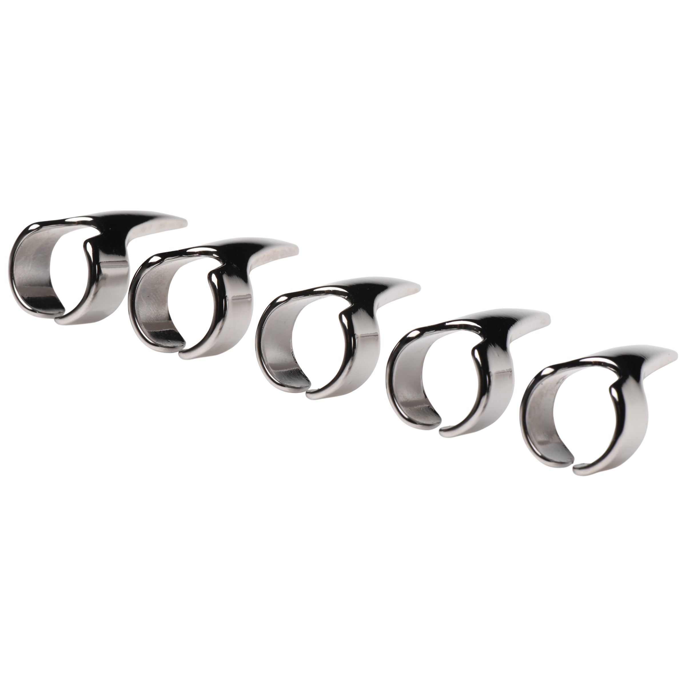 Five stainless steel claw rings designed for sensation play, featuring adjustable bands for a secure fit.