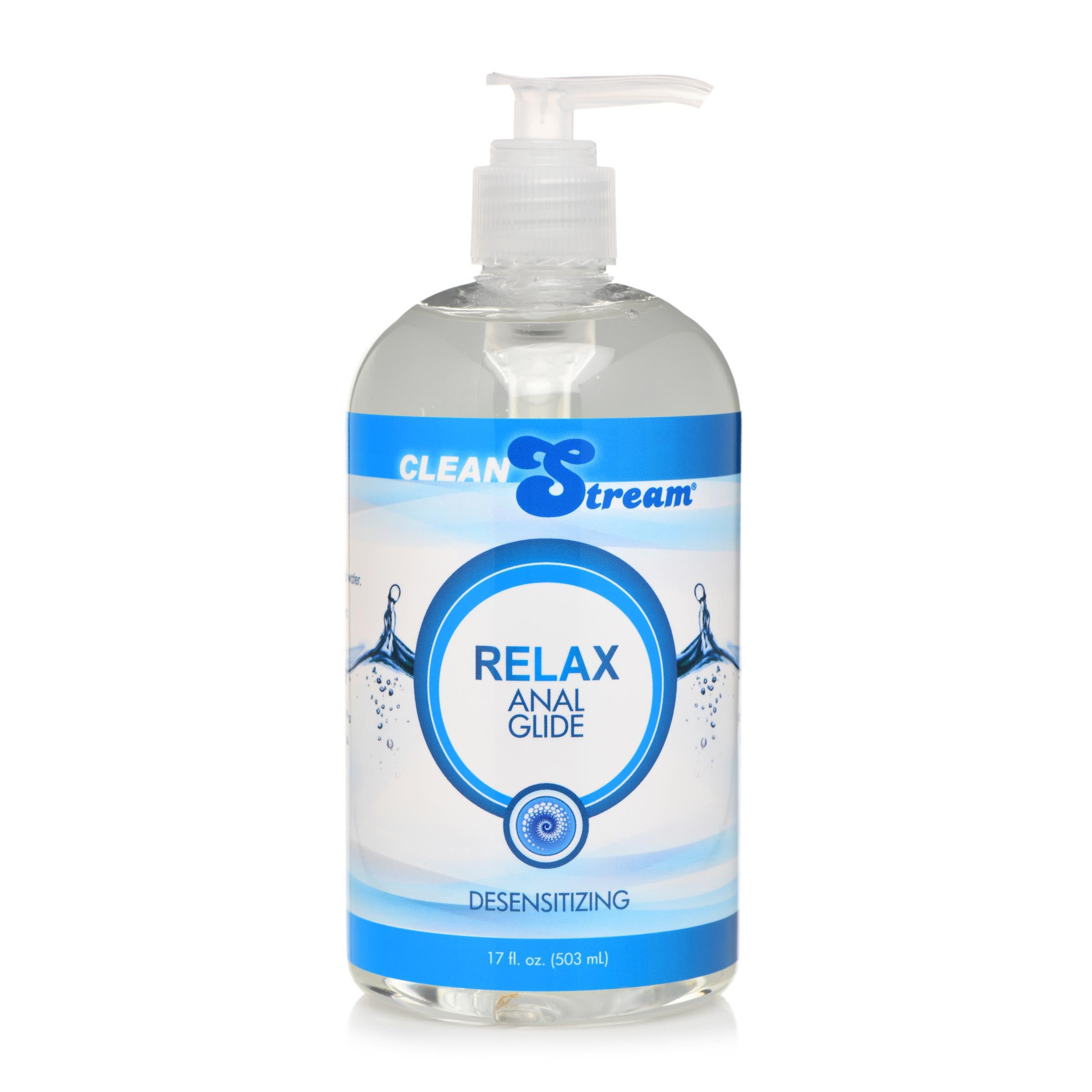 Clean Stream Relax Desensitizing Anal Lube in a 17oz bottle, designed for comfort during anal play with a silky smooth texture and numbing effect.