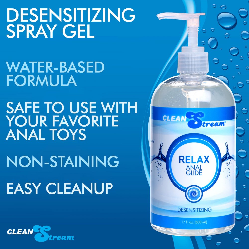 Clean Stream Relax Desensitizing Anal Lube in a 17oz bottle, designed for comfort during anal play with a silky smooth texture and numbing effect.