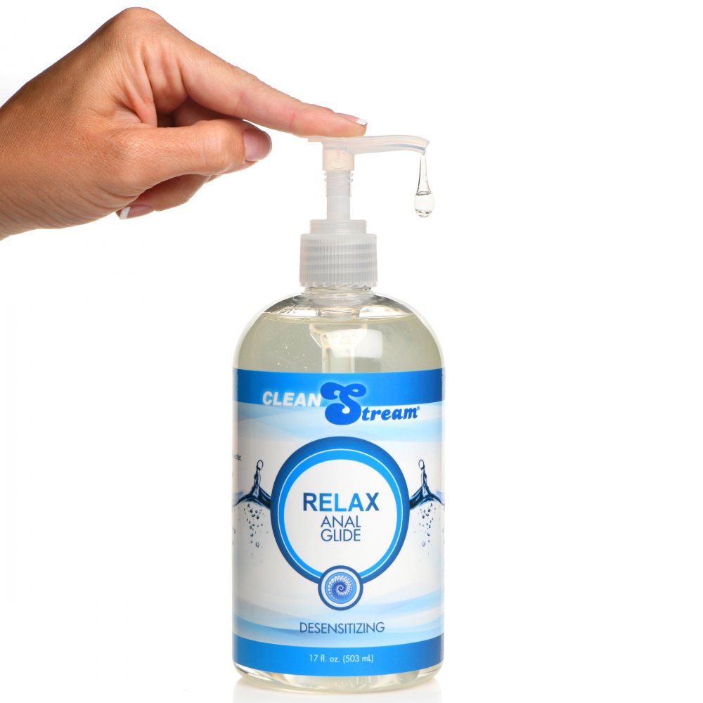 Clean Stream Relax Desensitizing Anal Lube in a 17oz bottle, designed for comfort during anal play with a silky smooth texture and numbing effect.